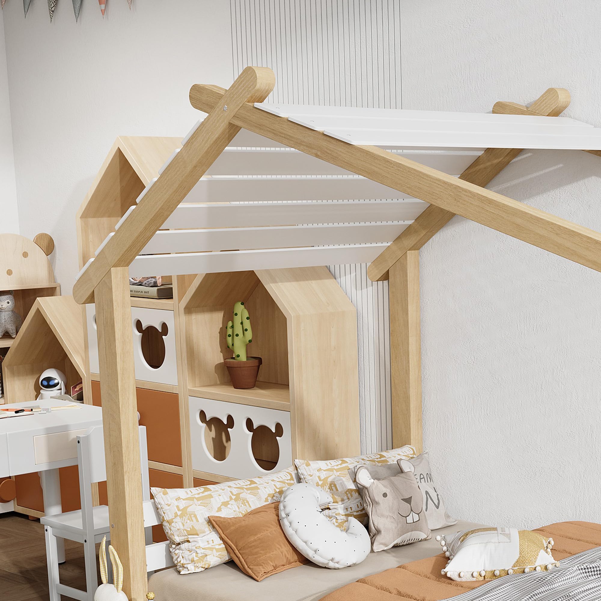 Holzhausdesign Hausbett Kinderbett 90x200 cm mit Dachlatten, Einzelbett Bodenbett mit Brüstung, Jugendbett Holzbett Bettgestell mit Lattenrost, Schlichtes Design, Weiß+Natur, Ohne Matratze
