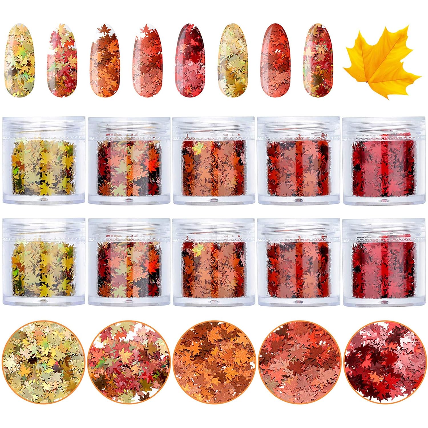 Maitys 10 Boxes Fall Glitter Leaves for Nails Thanksgiving Nail Art Sequins Maple Leaves Nail Glitters 3D Autumn Flakes Maple Leaf Sequins Decor Holographic Design Decals for Women DIY Decoration