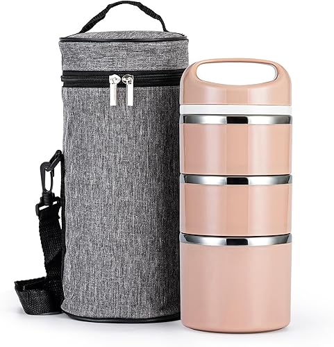 Lille Home Recipientes apilables de acero inoxidable para almuerzo, capacidad de 43 onzas, 3 capas a prueba de fugas, caja Bento para adultos,