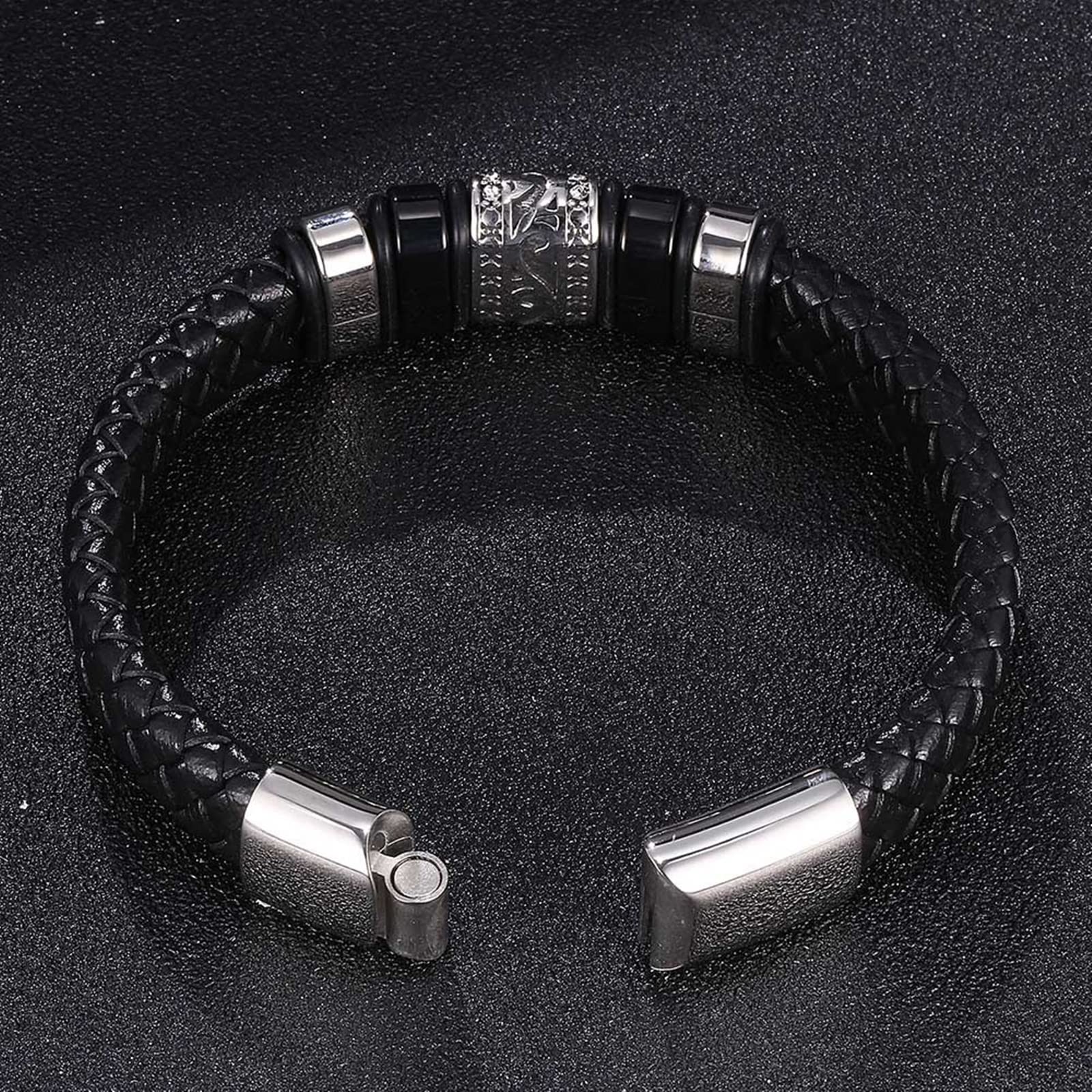 Armband für Herren aus Edelstahl, Herrenarmband, schwarzes geflochtenes Lederarmband mit silberner Schnalle, 16,5 cm Länge, Hip-Hop-Schmuck, Herrenarmband