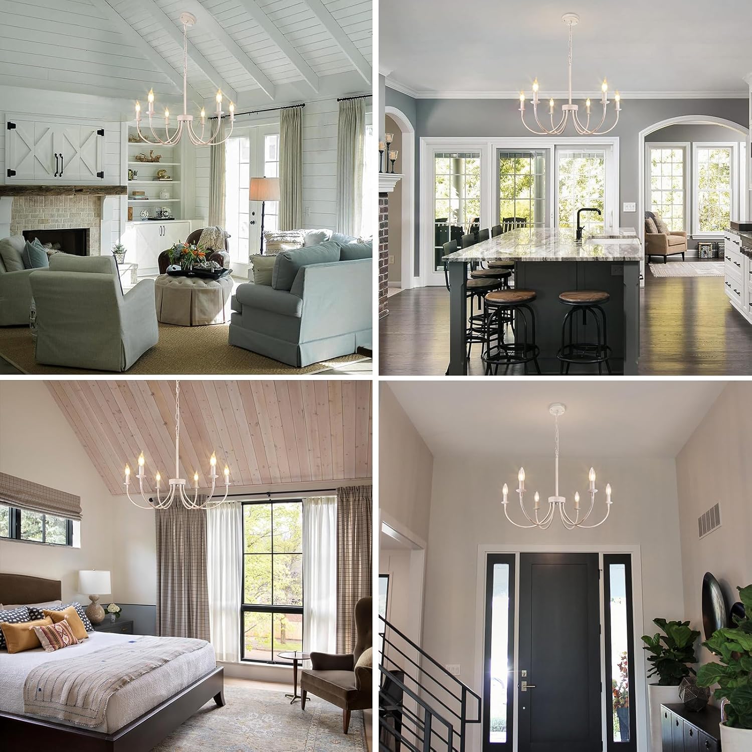 French Country Chandelier, 6-Light Antique White Farmhouse Chandelier for Dining Room Lighting Fixtures Hanging, Candle Hanging Pendant Lights for Kitchen Living Room Bedroom Foyer
