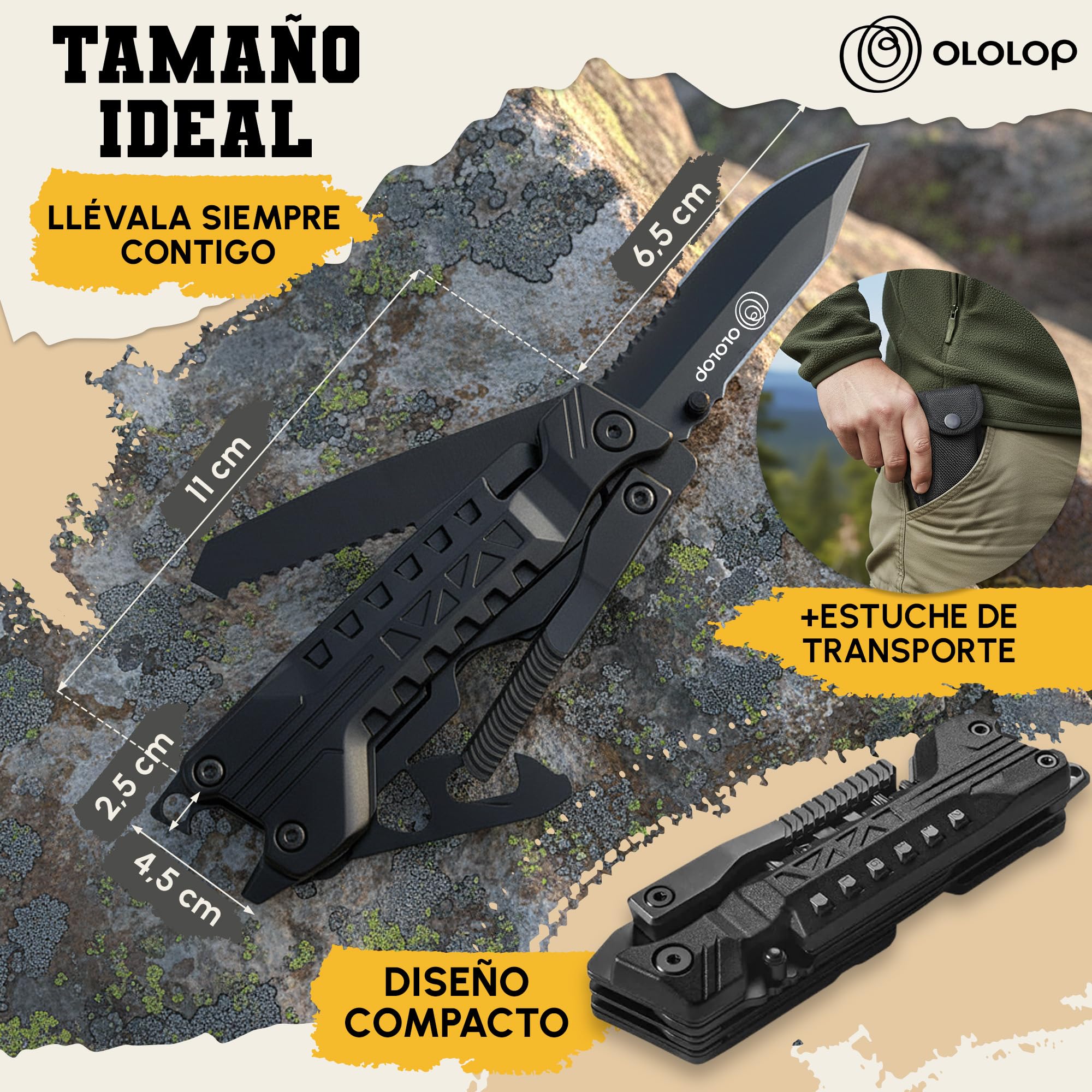 Navaja Multiherramienta 23 en 1 con Funda para Cinturón, Pedernal y Silbato — Acero Inoxidable Resistente para Camping, Senderismo y Emergencias | Ololop® — view 5