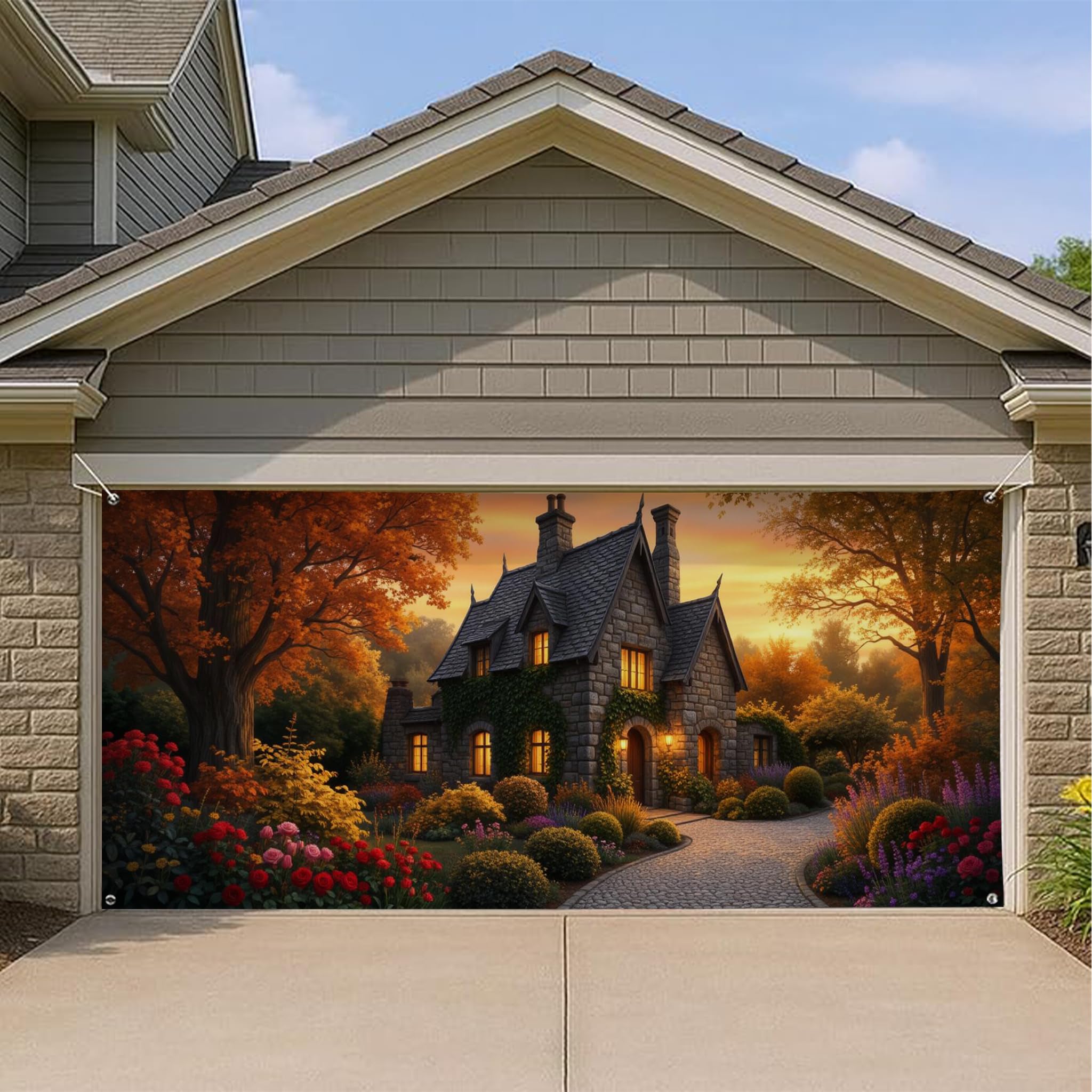 Couverture de porte de garage paysage d'automne a couleurs chaudes rustiques festives