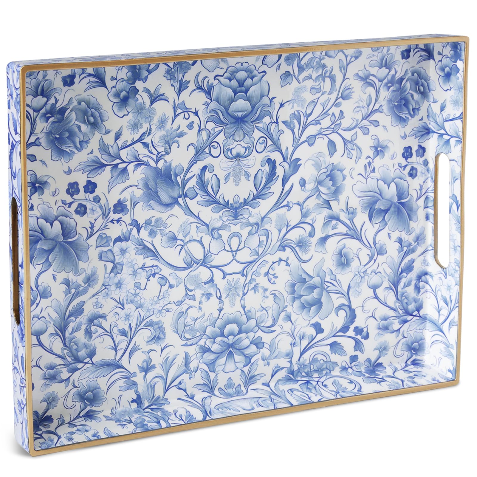 Photo 1 of ORIGTRAY Serving Tray with Handles, Rectangular Plastic Tray 15.75x11.81 Inch, Blue and White Peony Chinese Porcelain Style Decorative Tray for Kitchen, Dining Table, Vanity, Office & Home