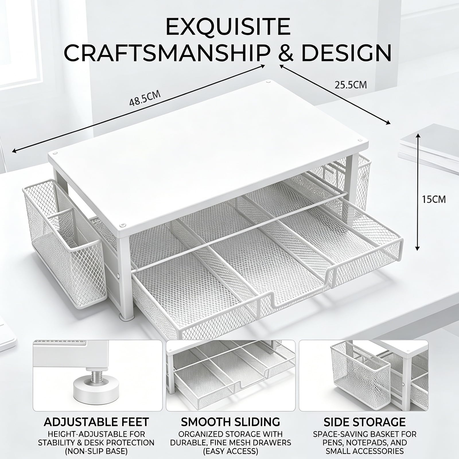 FARYODI Supporto da scrivania per monitor con 2 portapenne, cassetto, organizer da scrivania, supporto ergonomico da tavolo per monitor e computer portatile (bianco)