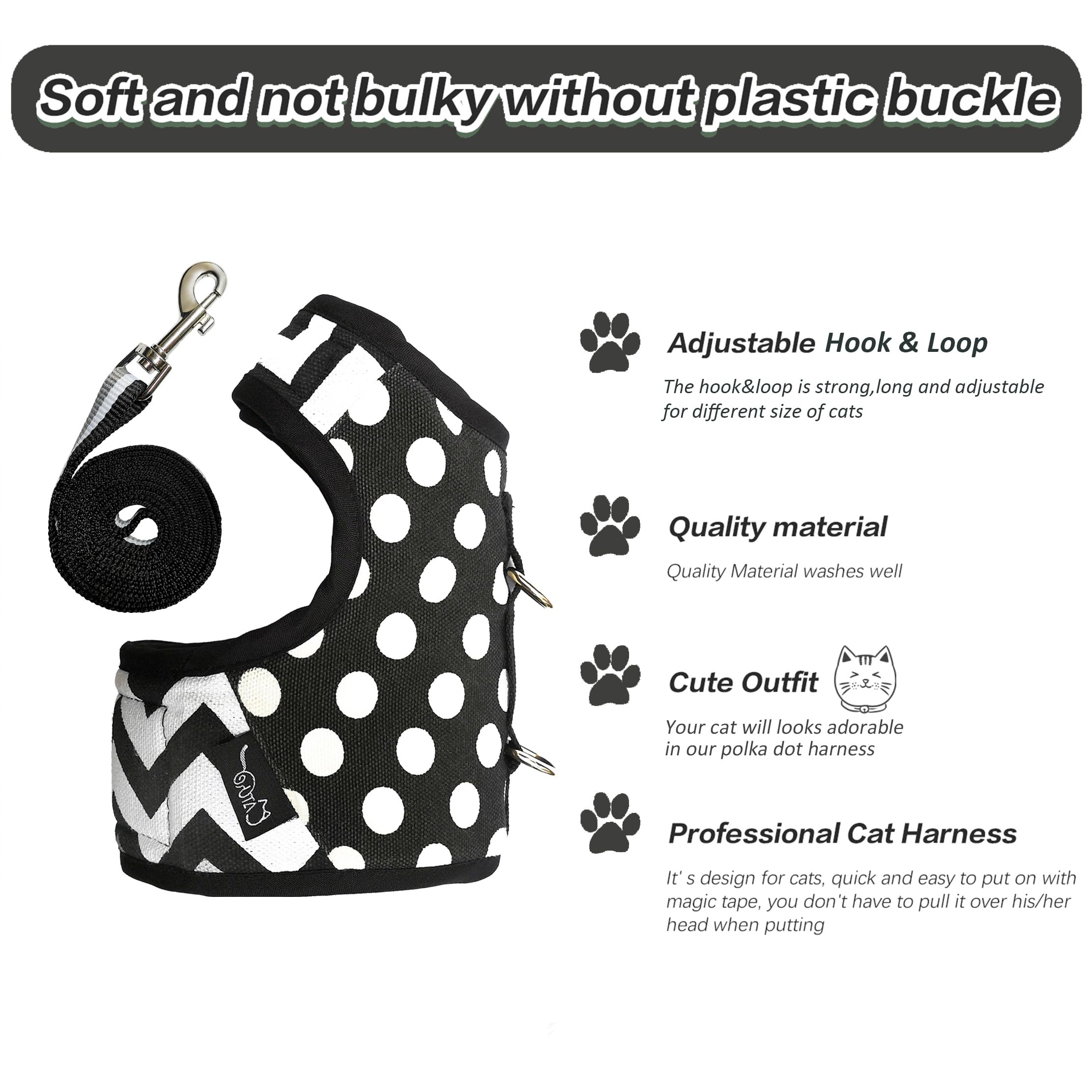Arnés para Gatos a Prueba de Escape con Correa, tamaño Mediano, Chaquetas Ajustables para Caminar, Chaleco Acolchado para Gatos con Lunares, Color Negro