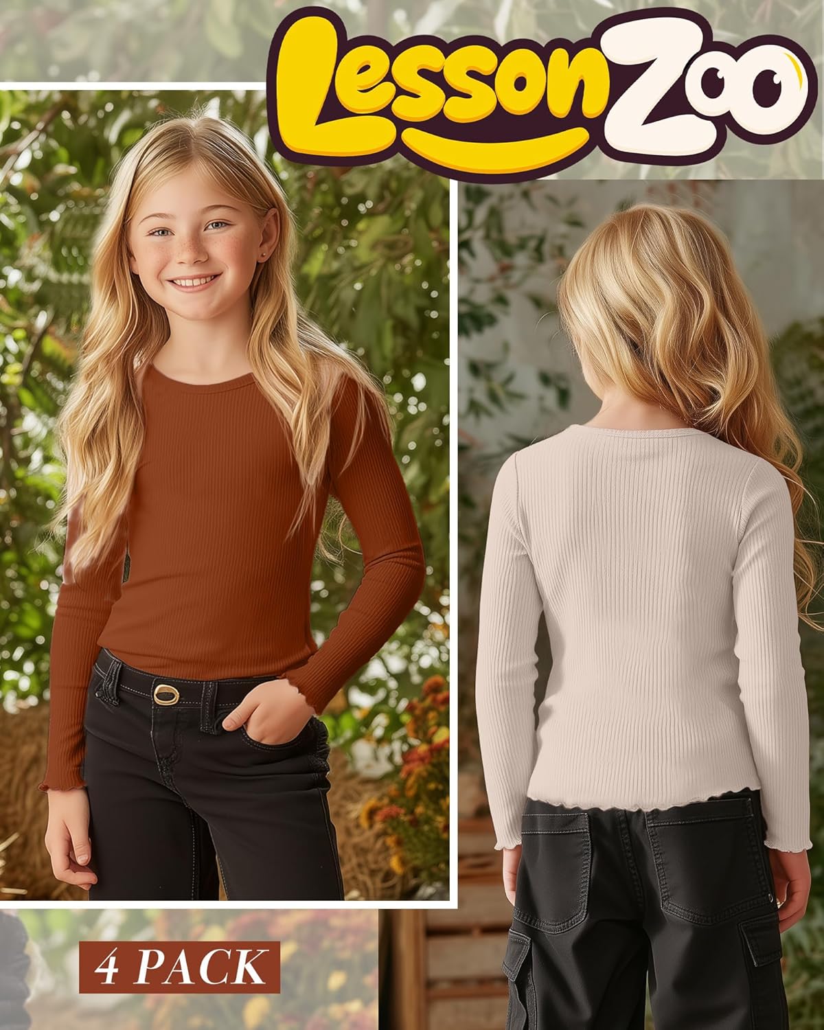 4 Pack Girl's Long Sleeve Shirts Cotton Ribbed Knit Tops Crew Neck Lettuce Trim Tee Basic Layer Fitted Undershirts - Image 4