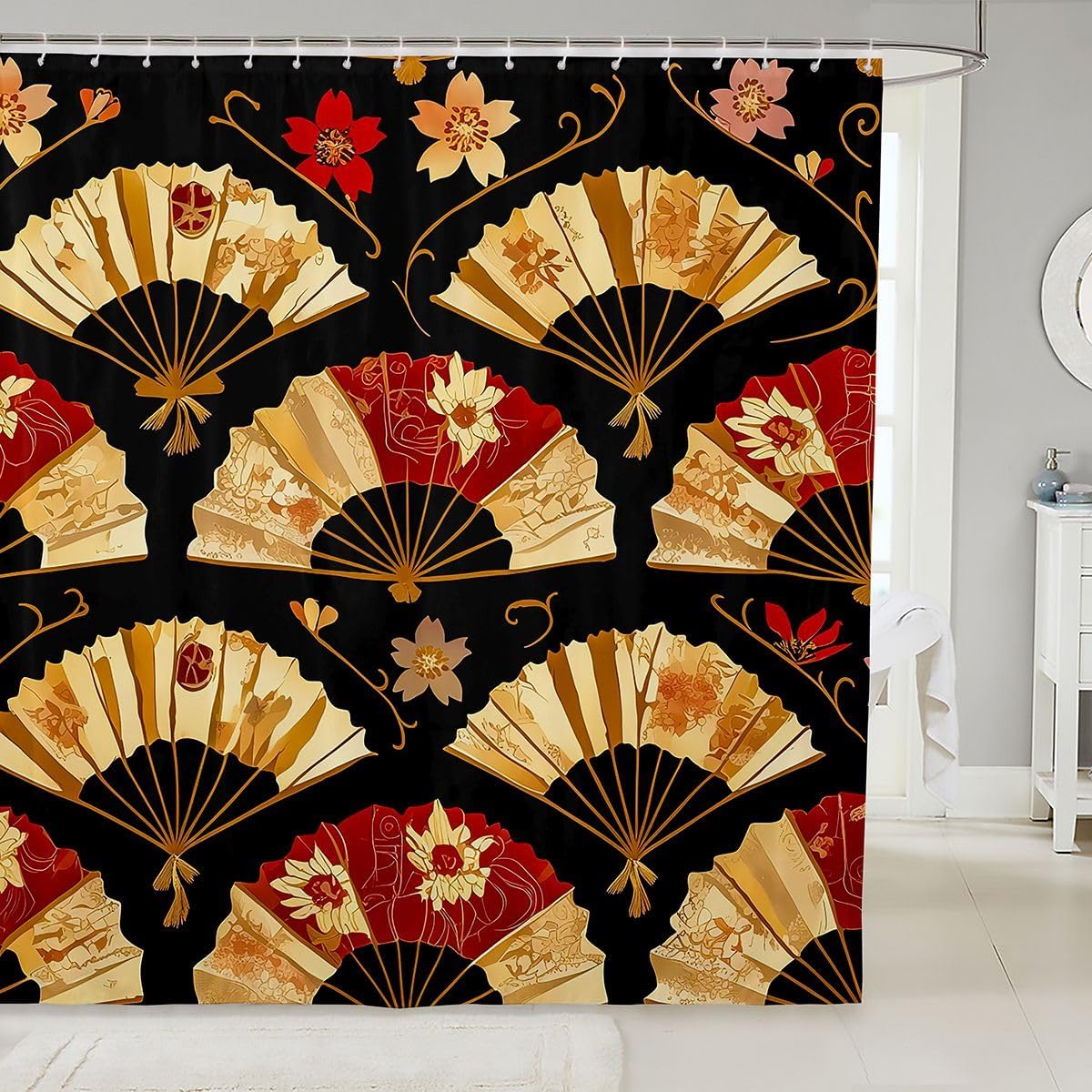 Erosebridal Japanese Folding Fans Shower Curtain Japanese Style Waterproof Bathroom Curtains, Cherry Blossoms Bathtub Decor Gold Fan with Floral Pattern Bathroom Accessories 72" Wx72 L