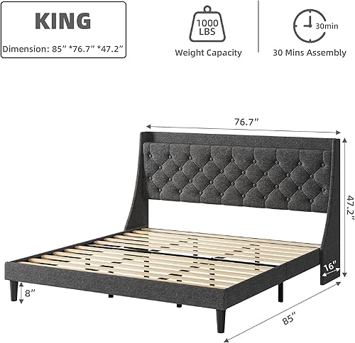 Miniatura 2 de Senfot Base de cama tamaño King con puertos de carga y estante de almacenamiento, plataforma tapizada con cabecera con respaldo alado, no necesita