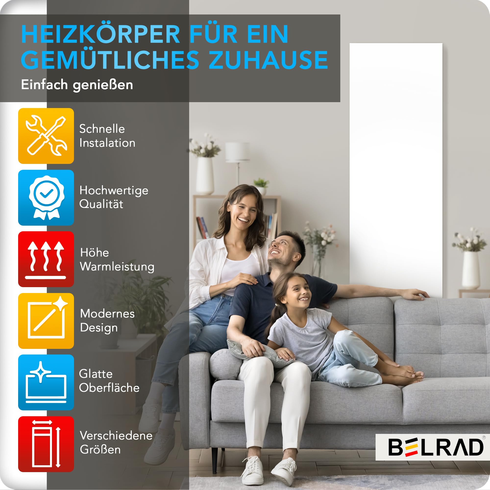Belrad® Vertikal Design Heizkörper 1800 x 500 - Flachheizkörper mit Mittelanschluss Typ22 - Wandheizkörper Plan mit 1601W Weiß - glatte Oberfläche - Designheizkörper kompakt, schmal & energieeffizient