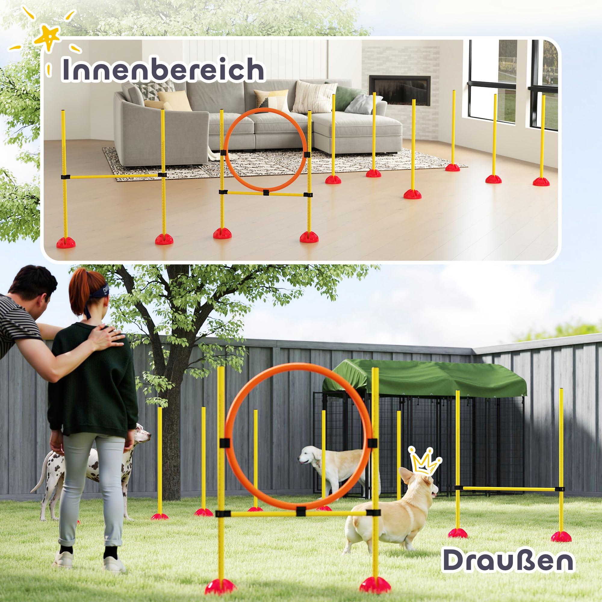 PawHut Set Agility Cani 4 pezzi riempibili per l'addestramento dei cani Set di ostacoli con pali per slalom, ostacoli regolabili in altezza, anello per il salto e la coordinazione per l'addestramento