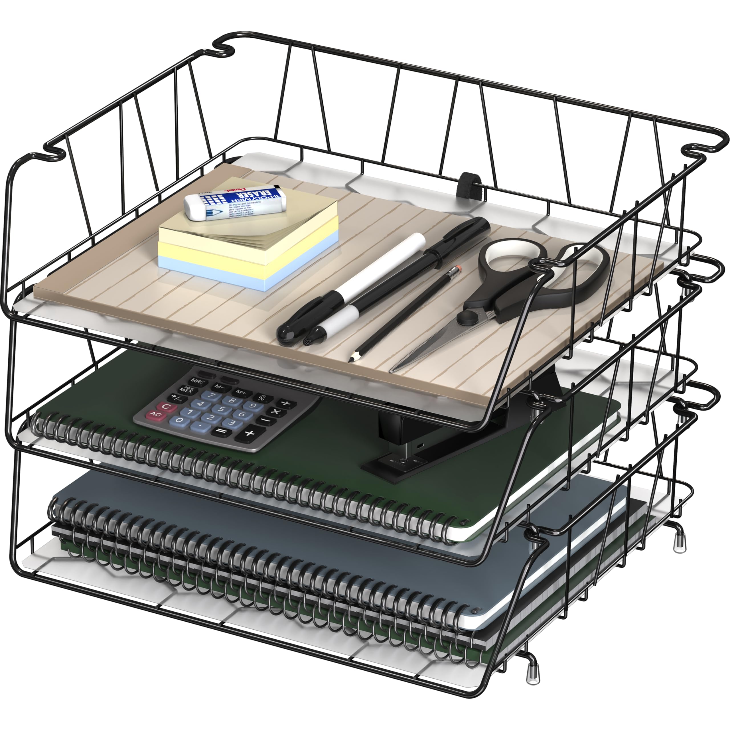SimpleHouseware Stapelbare Briefablage mit breitem Eingang, mit Auskleidung, Drahtgitter, 3 Packungen, Schwarz