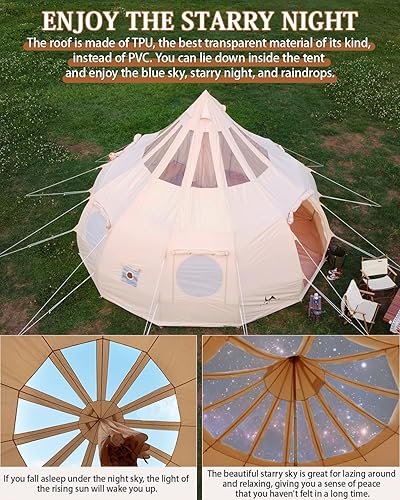 Miniatura 2 de TOMOUNT Tienda de campaña de lona con lluvia con estufa Jack Bell Tienda Yurt Glamping con techo transparente de TPU para camping familiar