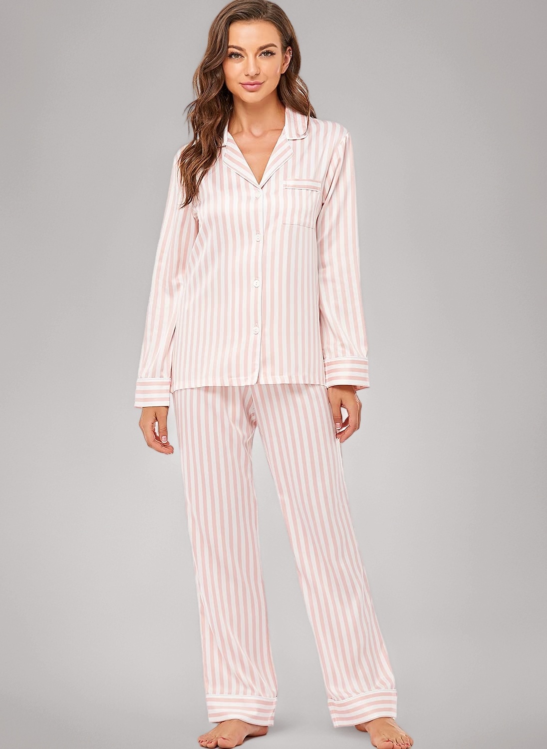 Serenedelicacy Women's Satin Pyjama Set Long Sleeve Button Down Sleepwear 2-Piece Striped Silky Pj Set