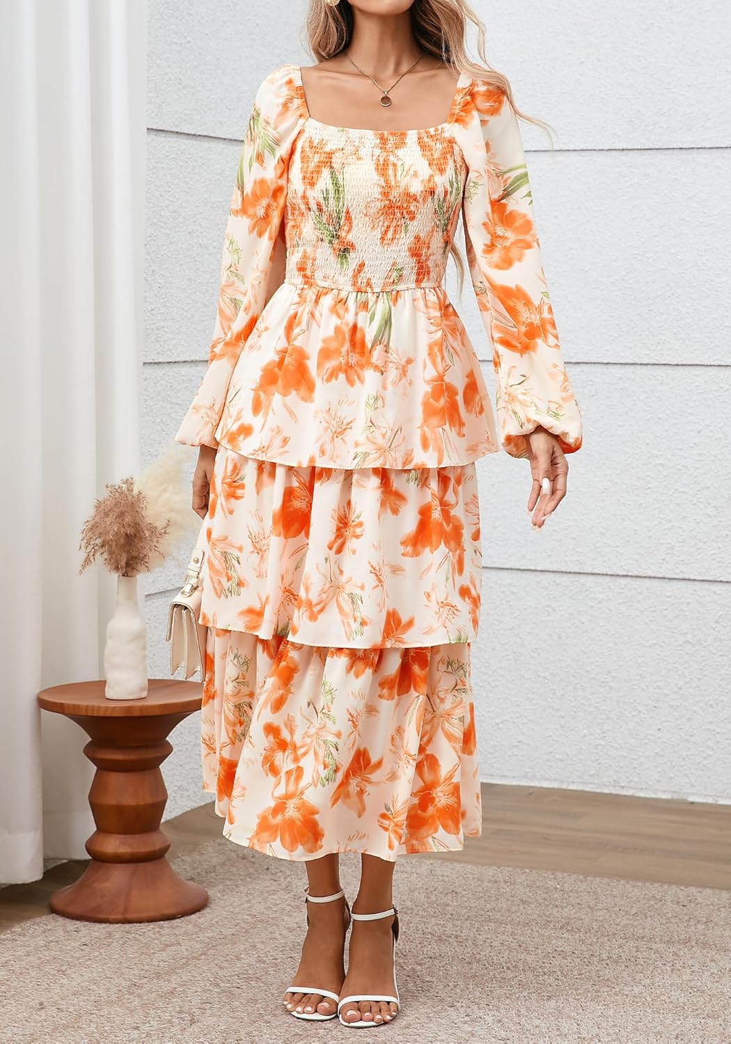 BTFBM Spring Dresses for Women 2026 Floral Long Sleeve Smocked Square Neck Ruffle Tiered Flowy Party Wedding Guest Dress - Image 8