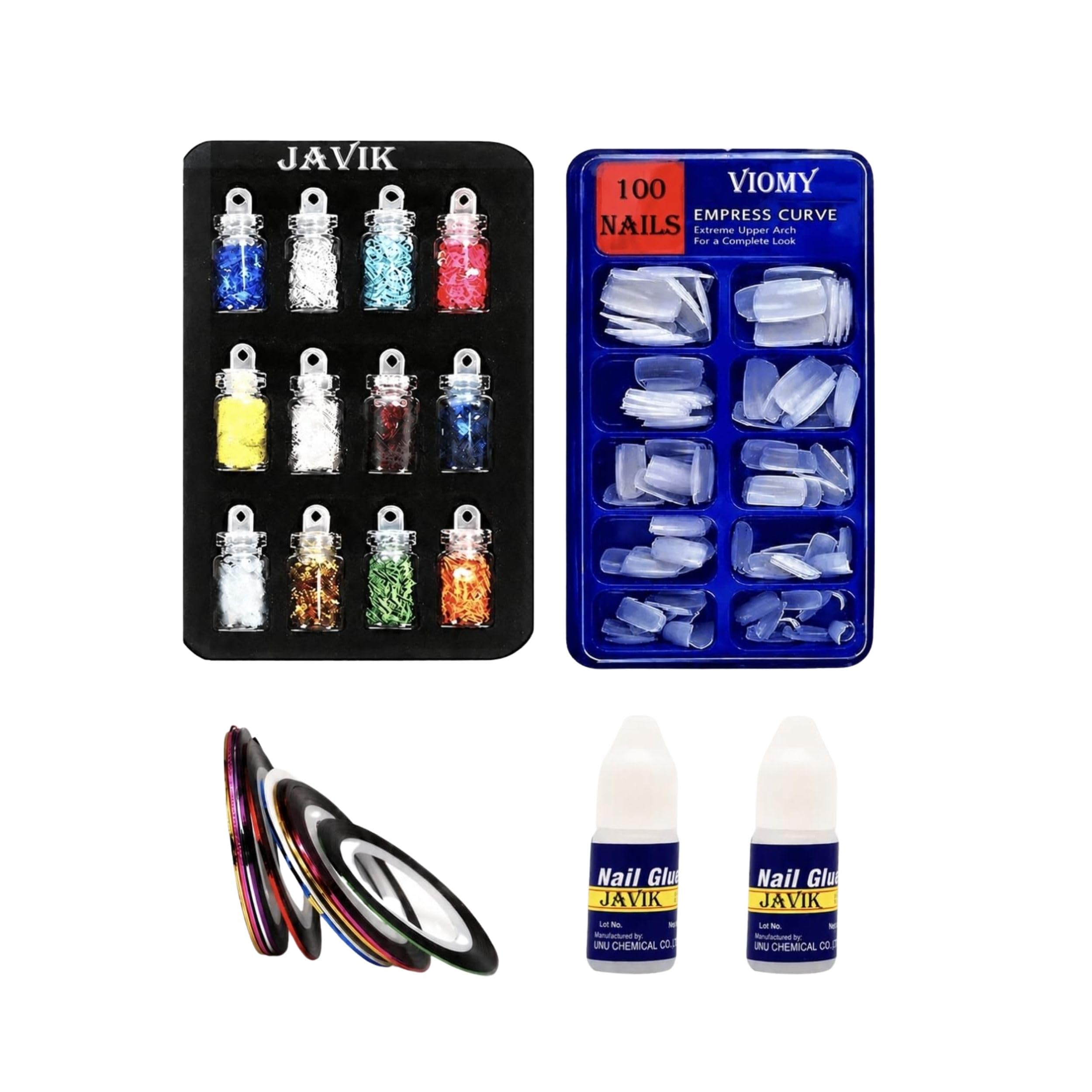 Nail Art Combo Kit with 100 Artificial Nails, 12 Bottle Nail Glitter Set, Nail Striping Tape & 2 Nail Glue Bottles | DIY Acrylic Nail Extension Kit for Women Salon Manicure Accessories-image-5