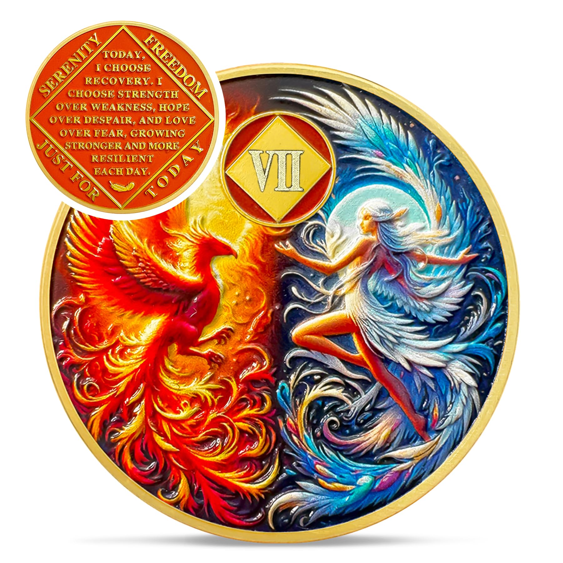 Phoenix Fairy 7 Year Na Medallions - Sun and Moon Sobriety Coin - Seven Year Recovery Addiction Token - Celebrate Clean and Sober Chip - 0-10 Prime