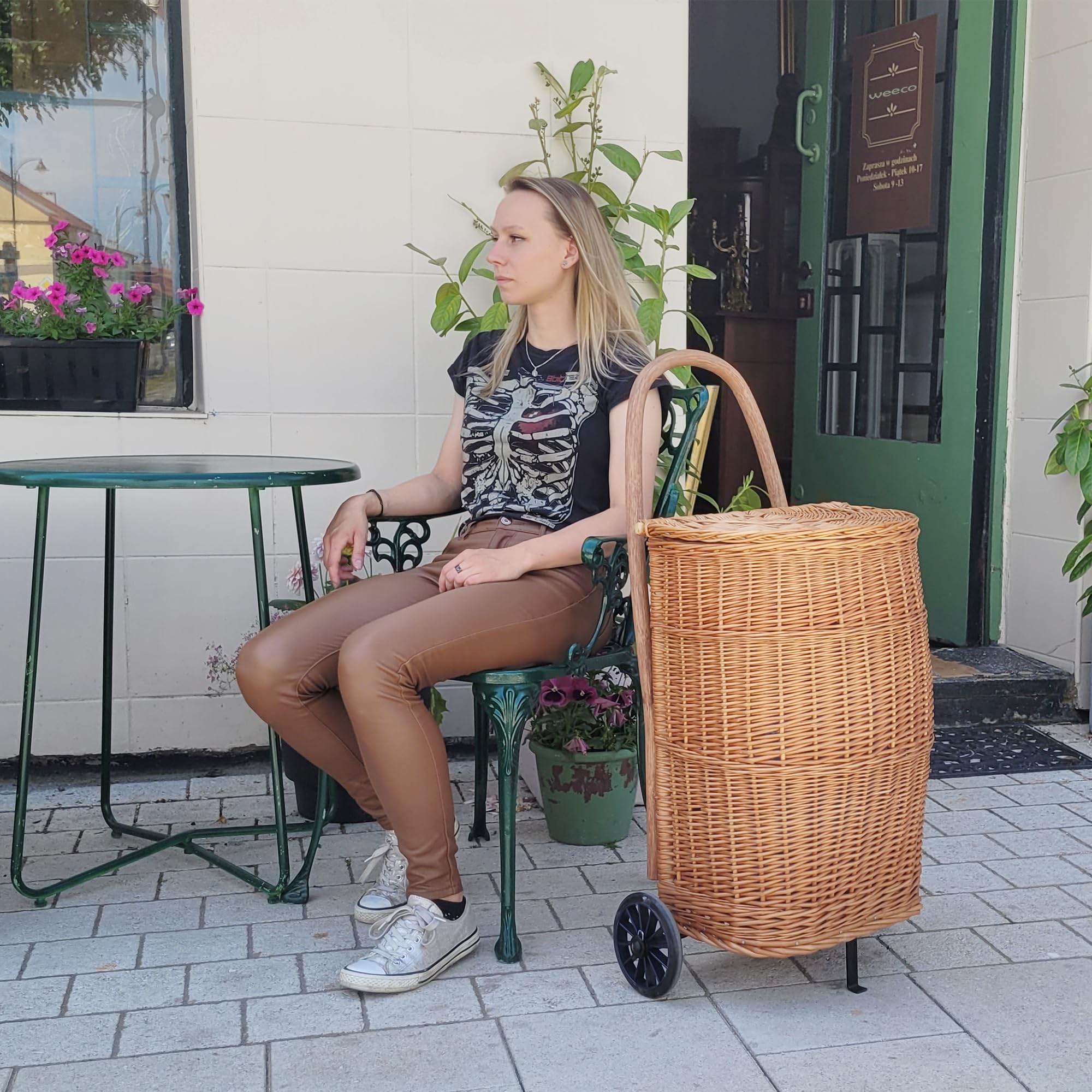 WEECO Carro de la compra con tapa, cesta de transporte con ruedas, carrito de mercado, cesta de madera, carrito de la compra de mimbre grande, carrito para leña de chimenea, 90 x 30 x 40 cm