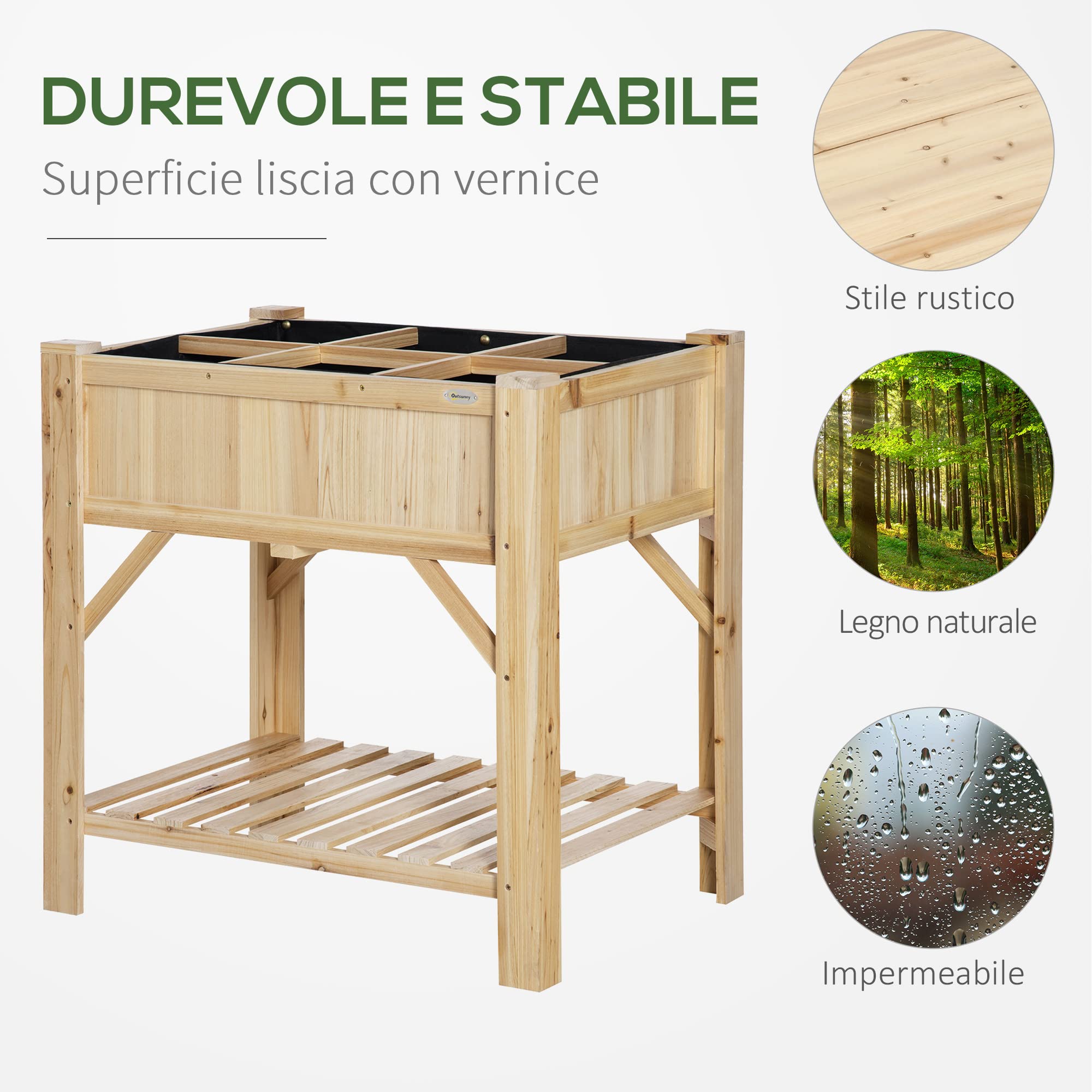 Outsunny Letto per Orto Rialzato con 6 Scomparti, Fioriera da Esterno Portapiante in Legno di Abete, 78.5x58x81cm