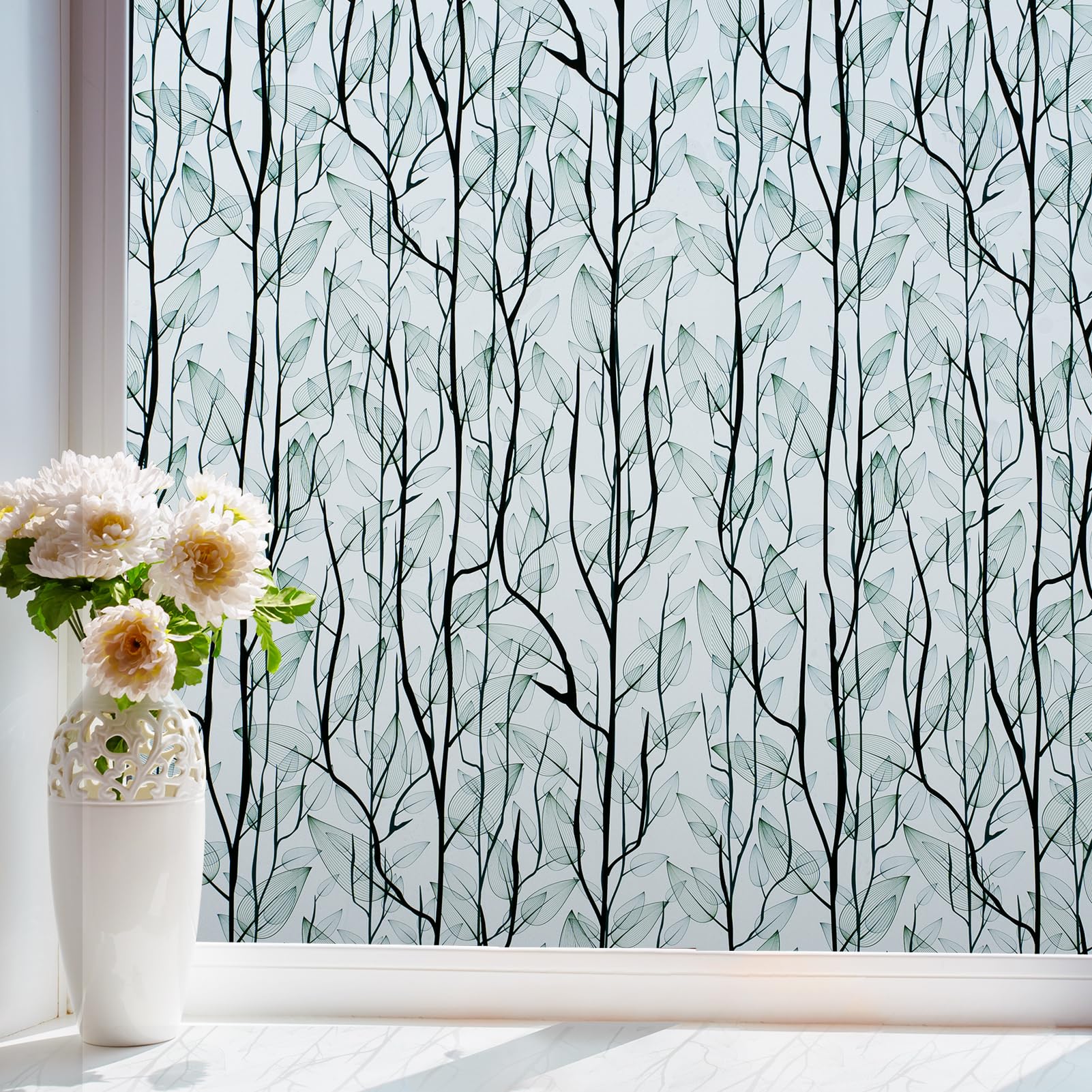 dktie Window Privacy Film Static Cling Window Film No-Glue Frosted Window Film Plants Window Stickers, for Home, Bathroom, Kids Room, Bedroom (More Vivid & Frosted, 44.5x200cm)