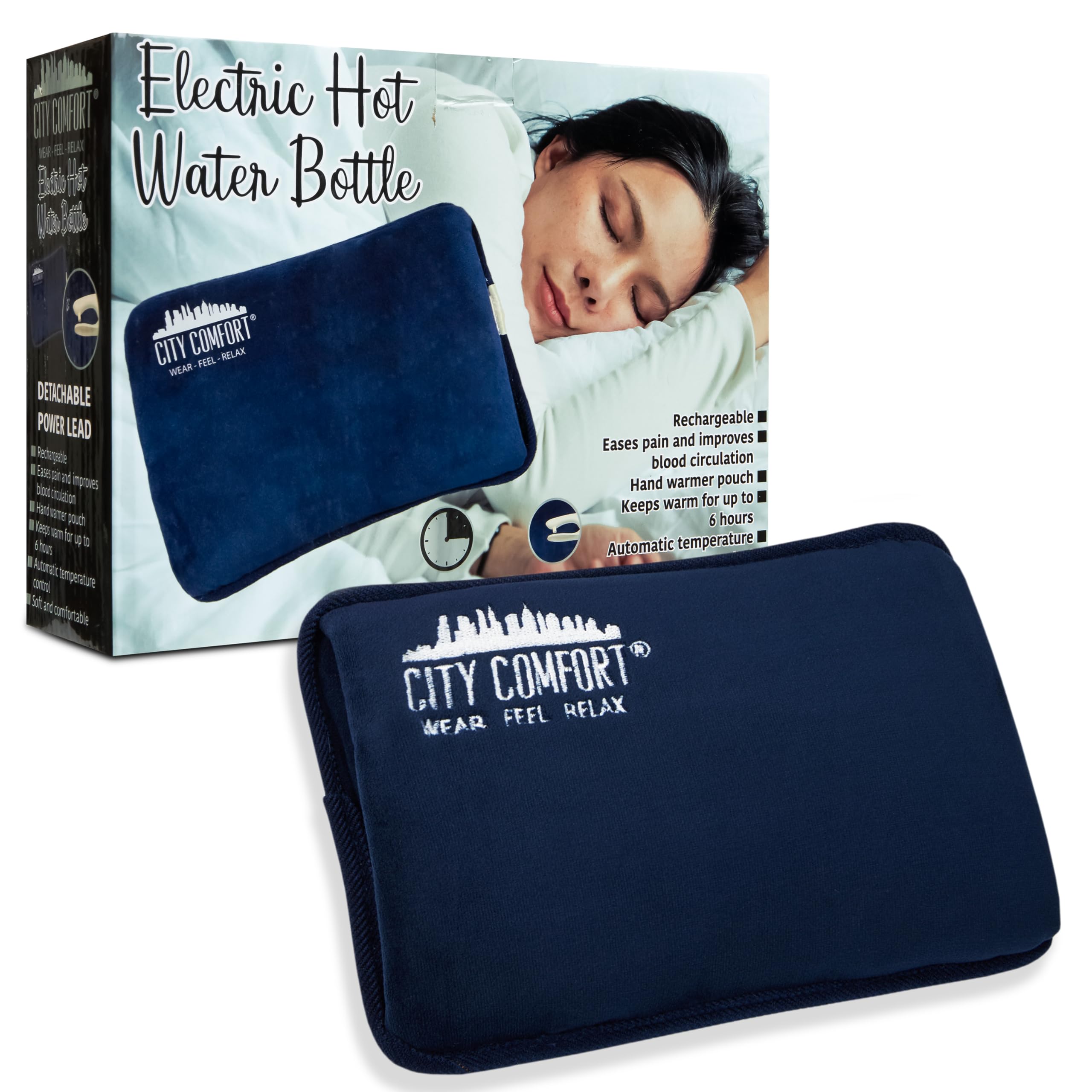 Rechargeable Electric Hot Water Bottle Heat Pad 6 Hour Warmth Temperature Control Detachable Lead Cosy Bed Warmer Hand Warmer Pouch Gifts (Navy)
