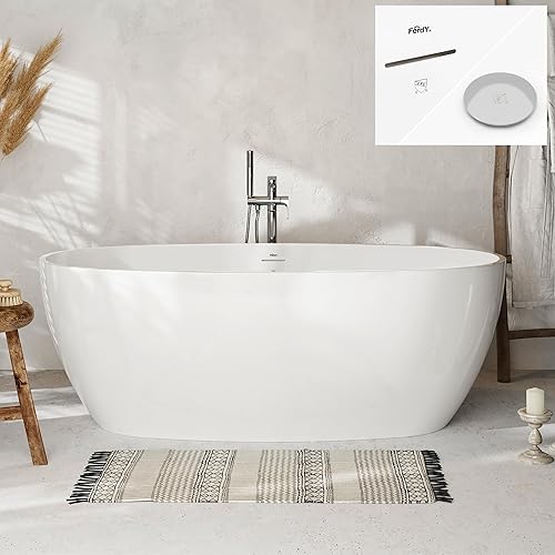 Miniatura 82 de FerdY Bali - Bañera de acrílico independiente, bañera de inmersión independiente con forma graciosa, certificado CUPC blanco brillante, drenaje