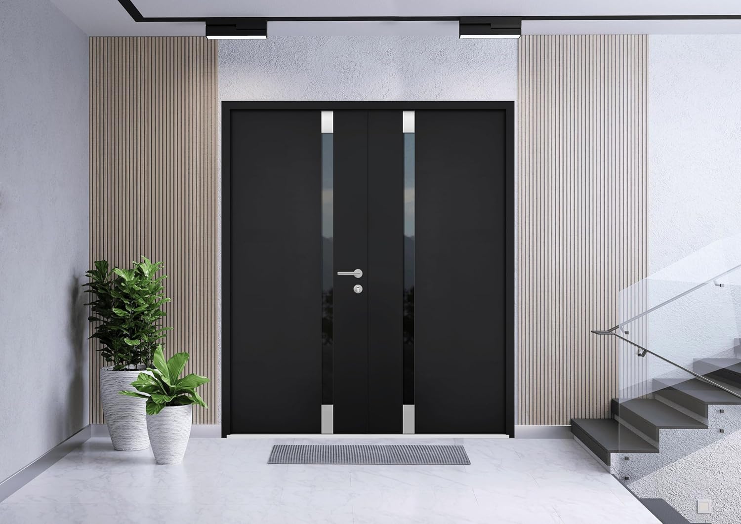 VDOMDOORS Front Exterior Prehung Steel Double Doors/Cynex 6777 Black/Stainless Inserts Single Modern Painted-W72 x H80-Right-hand Outswing