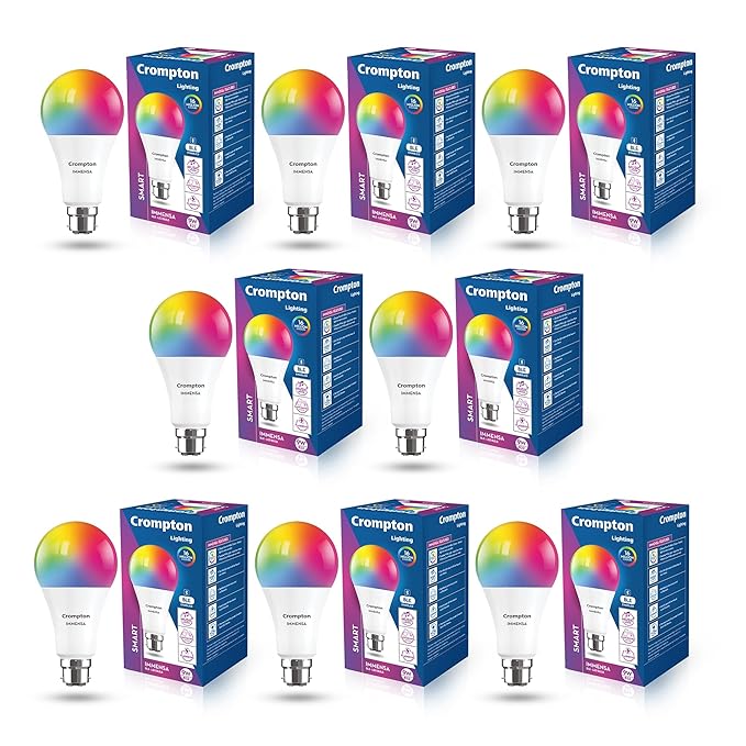 Crompton Immensa 9W Bluetooth Enabled Smart Bulb B22 | 16 million Colours | White Tunable (Warm, Neutral & Cool White) & Dimmable | App-Control |Music Sync|Perfect light for all occasions|Pack of 8
