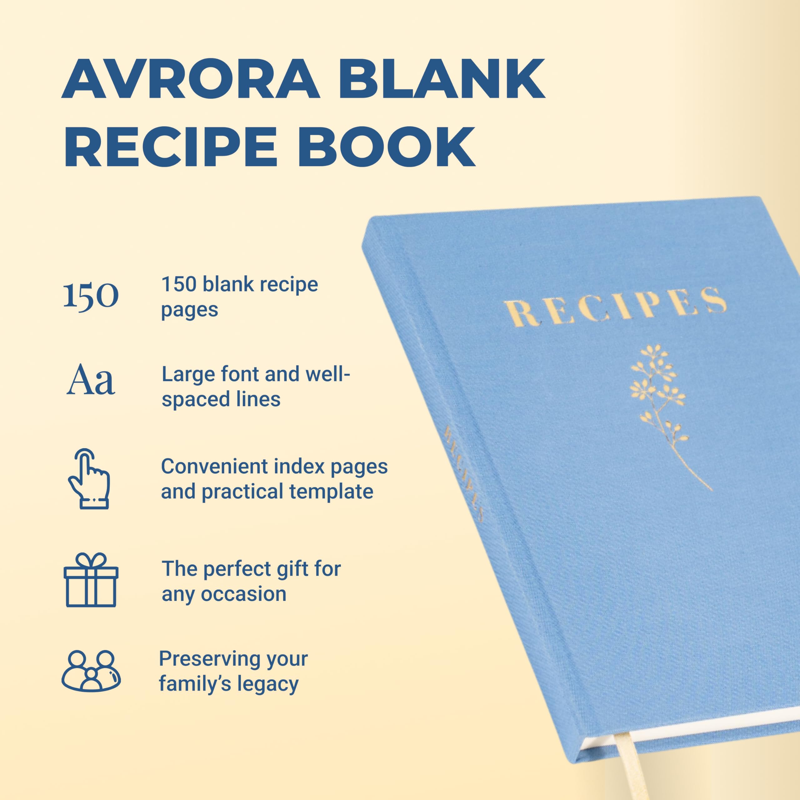 Hochwertiges Rezeptbuch zum Einschreiben eigener Rezepte, Hardcover-Leinen, mit eleganter Goldeinlage, Erinnerungsbuch für 150 Rezepte