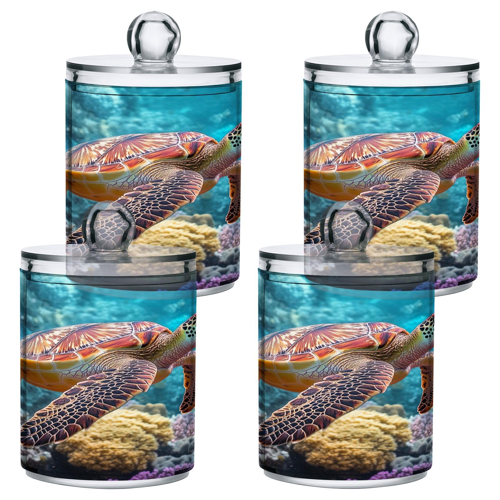 FRCSDIY Sea Turtle 2 Pack Qtip Holder Dispenser with Lid, Apothecary Jars Plastic Cotton Swabs Cans Clear Bathroom Storage Canister