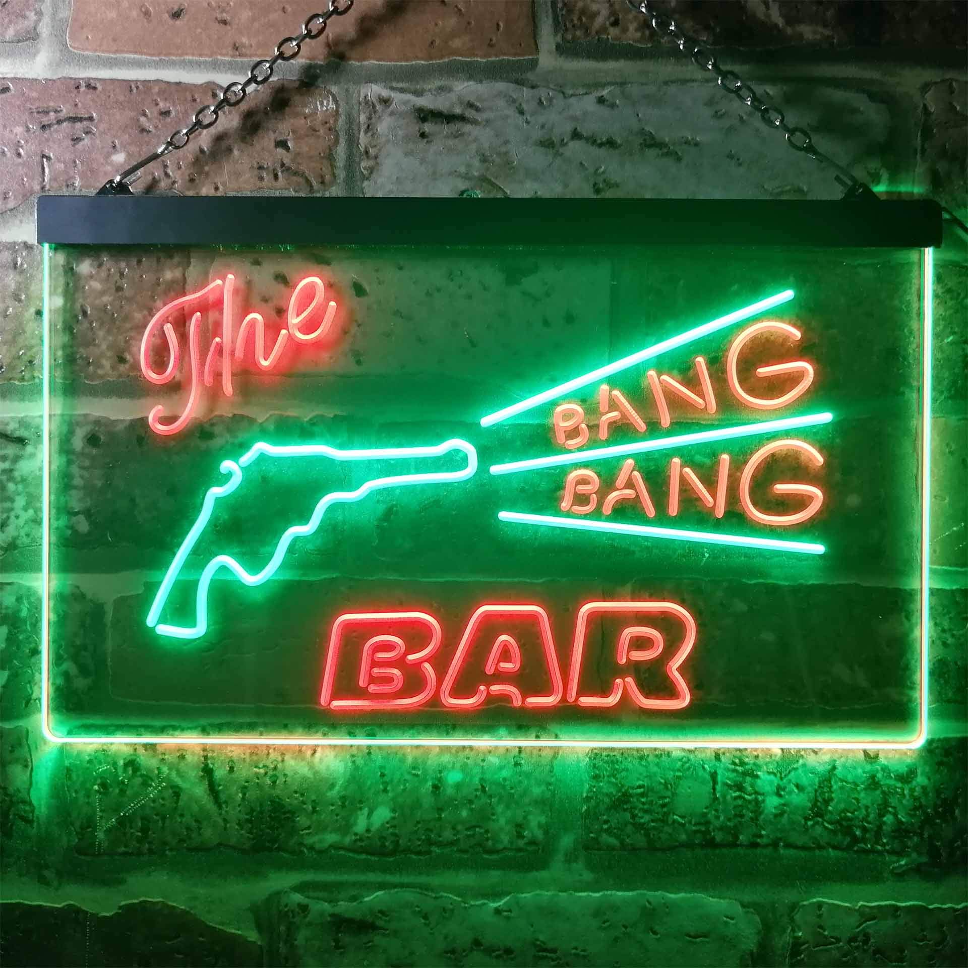 The Bang Bang Bar Gun Dual Color LED Enseigne Lumineuse Neon Sign Vert et rouge 600 x 400mm st6s64-i3347-gr