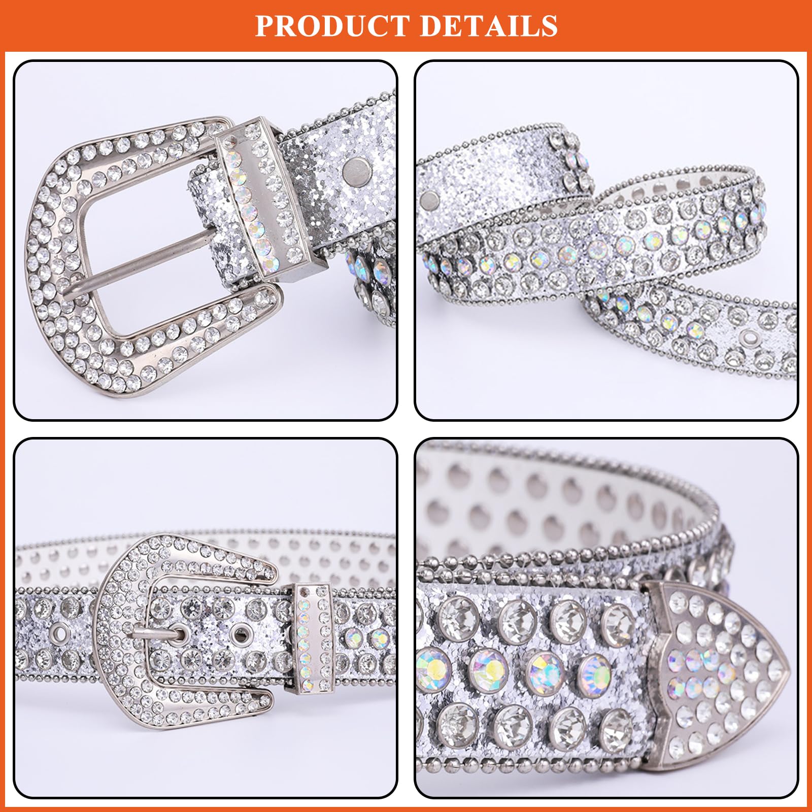 BAYINDA Fashion Rhinestone Belt for Women Men, Sparkle Diamond Studded Belts PU Leather Western Waist Strap for Jeans Dresses (Silver,Fit Waist Size 31
