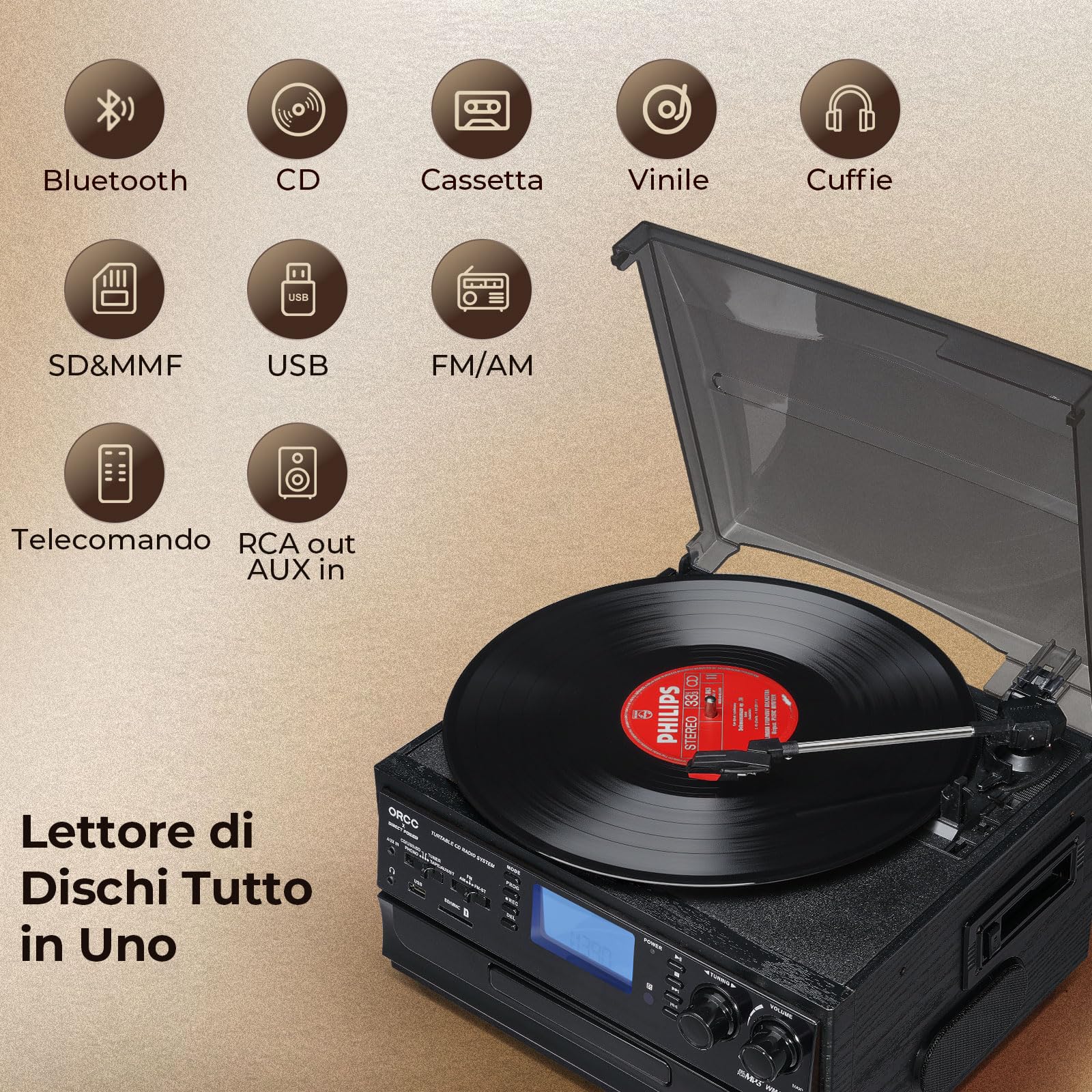 ORCC Giradischi Bluetooth 10 in 1 con altoparlante integrato, giradischi in vinile CD Cassette e radio FM/AM Combo, AUX in RCA Out USB MP3 Registrazione Jack per cuffie Giradischi compatto