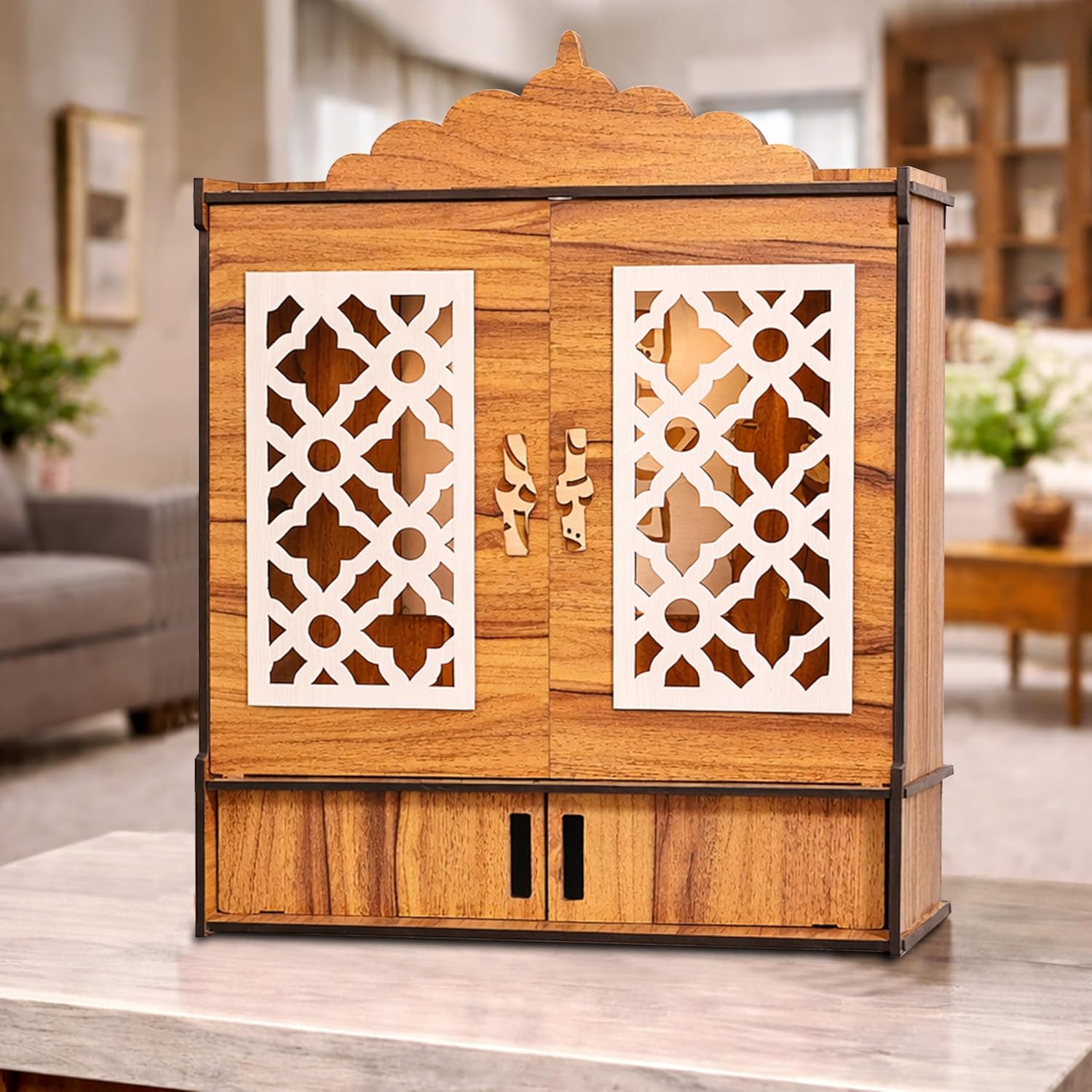 Rousrie Wooden Temple Mandir for Home with Door Cabinets | Beautiful Pooja Unit with Storage Space | with LED Light and Wall Mounts | Pooja Mandir for Home Big Size (H-22, L-16.5, B-10.6 inch)