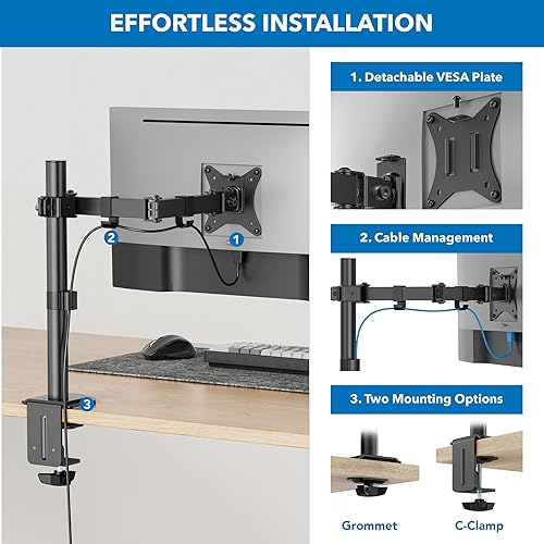 Miniatura 7 de Mount-It! Brazo para monitor individual de 17 a 32 pulgadas, ajuste de movimiento completo con inclinación, rotación, giro y ajuste de altura a lo