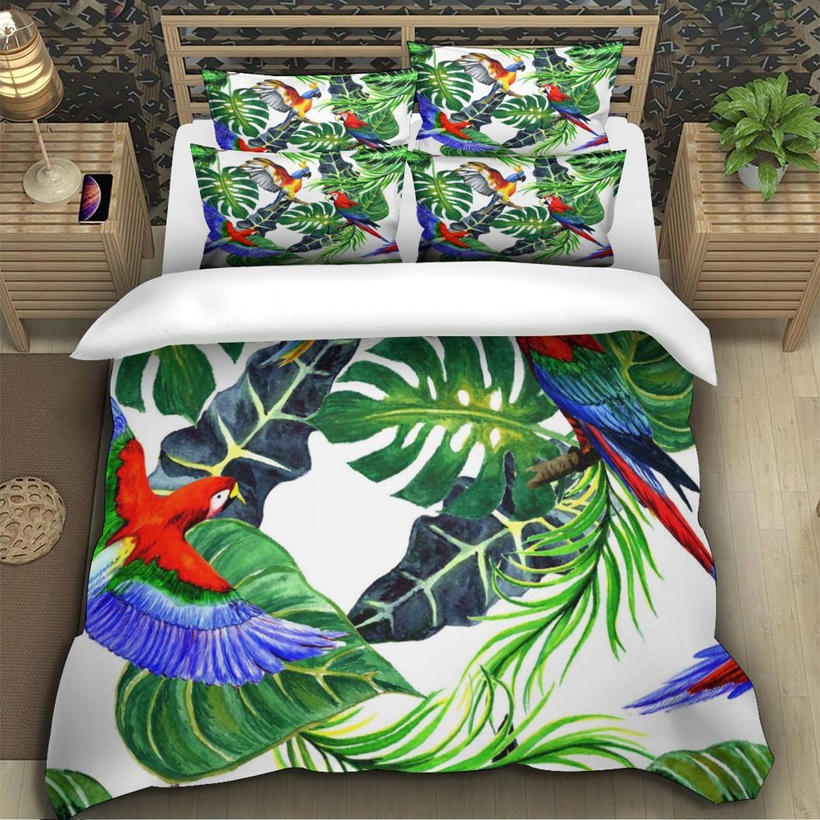 Pappagallo tropicale 3D Stampa Coperteletto 3pz Microfibra Zip nascosta Giungla ad acquerello Coperta Letto 2 federe Resistente Arredo Camera Adolescenti King（220x240cm）