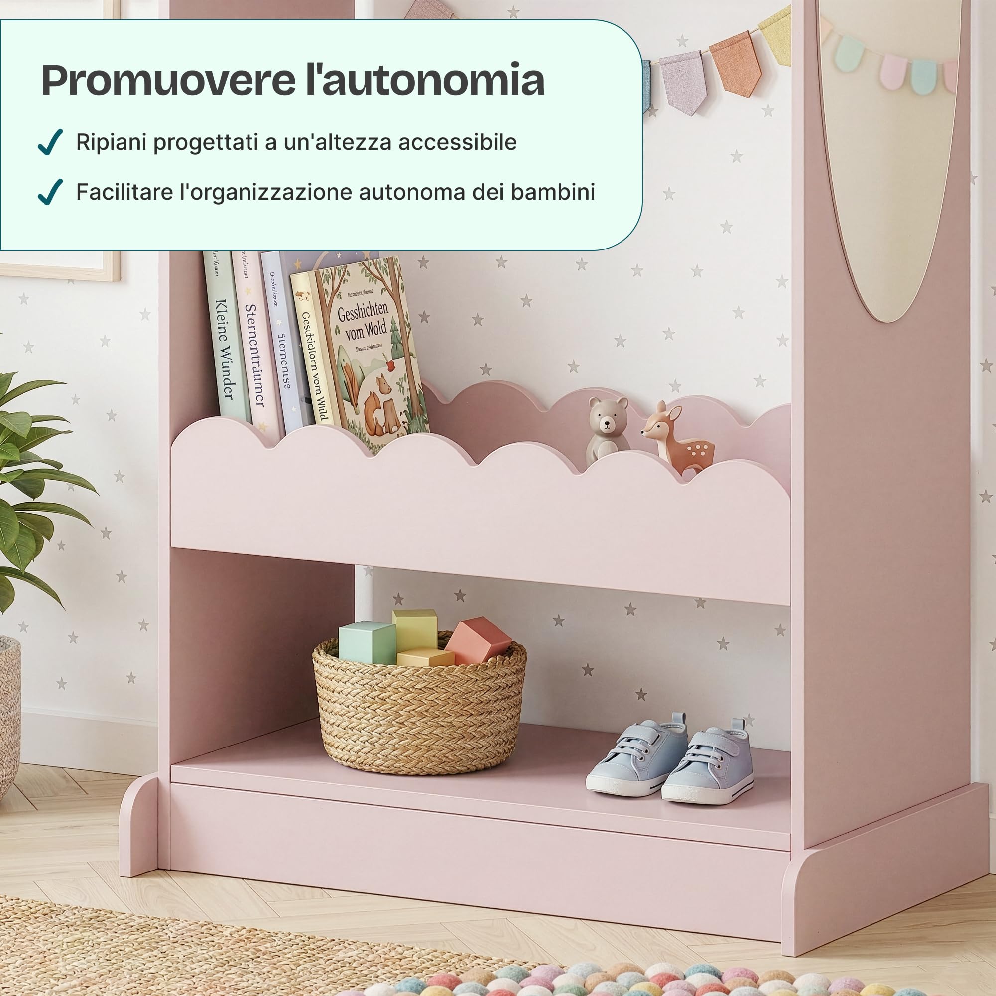 [en.casa] Armadio Guradaroba per Cameretta con Specchio Ovale Asta Appendiabiti e 2 Ripiani Vano Porta Oggetti Vestiti Scarpe a Misura di Bambini 120 x 63 x 38 cm - Rosa