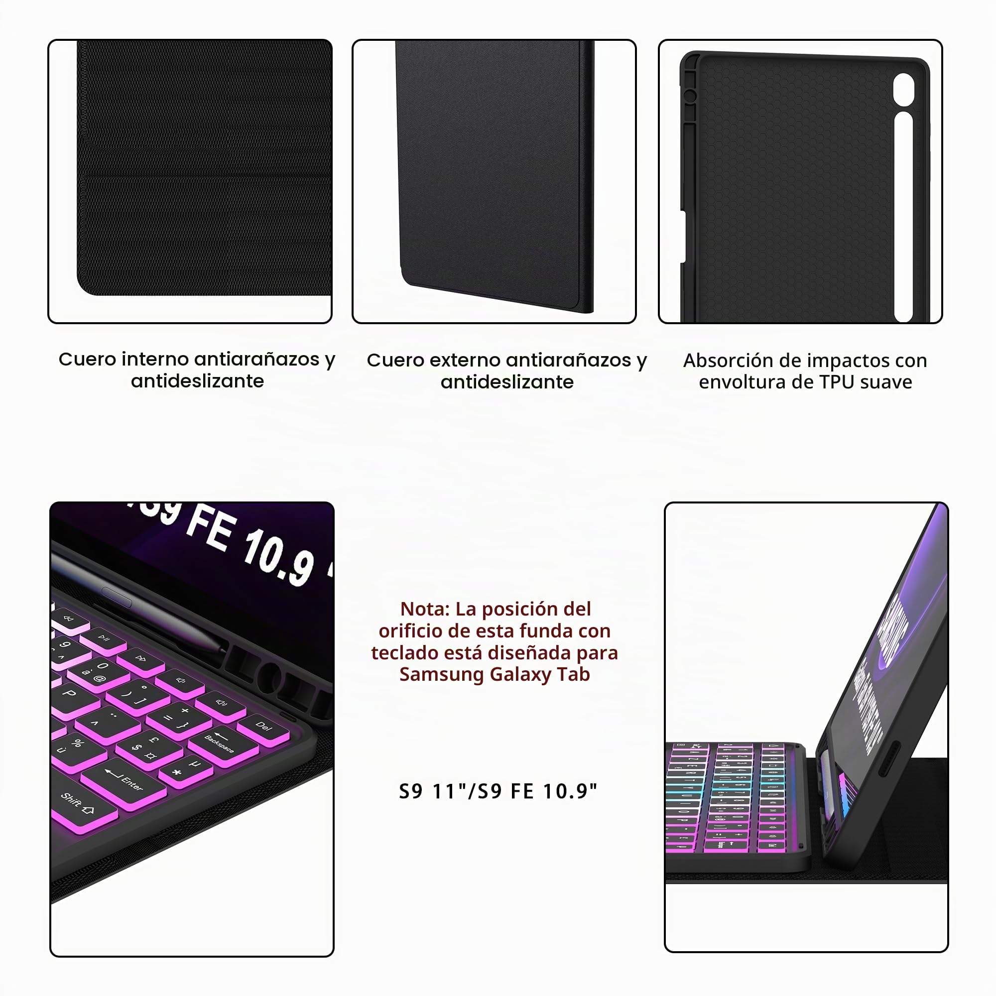 Carcasa de teclado para Samsung Galaxy Tab S10 Lite S10 FE/S9 FE/S9 de 10,9": teclado retroiluminado de 7 colores para S10Lite Tablet 2025 - Teclados Azerty francés inalámbricos desmontables con