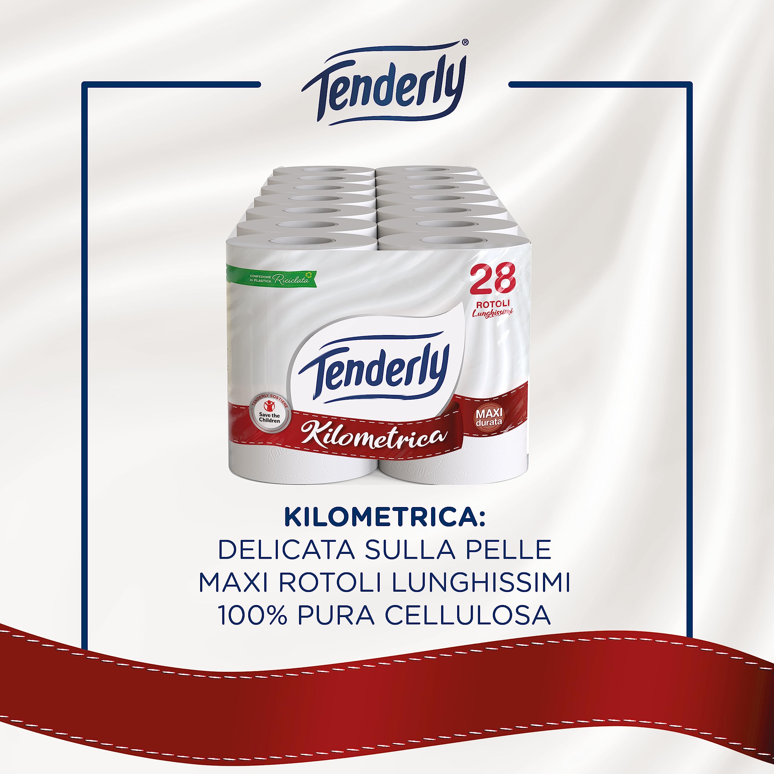 Tenderly Save the Children, 28 Maxi Rotoli di Carta Igienica, 2 Veli, 450* Strappi, Morbida e Adatta alle pelli Sensibili, Made in Italy, Dermatologicamente Testato