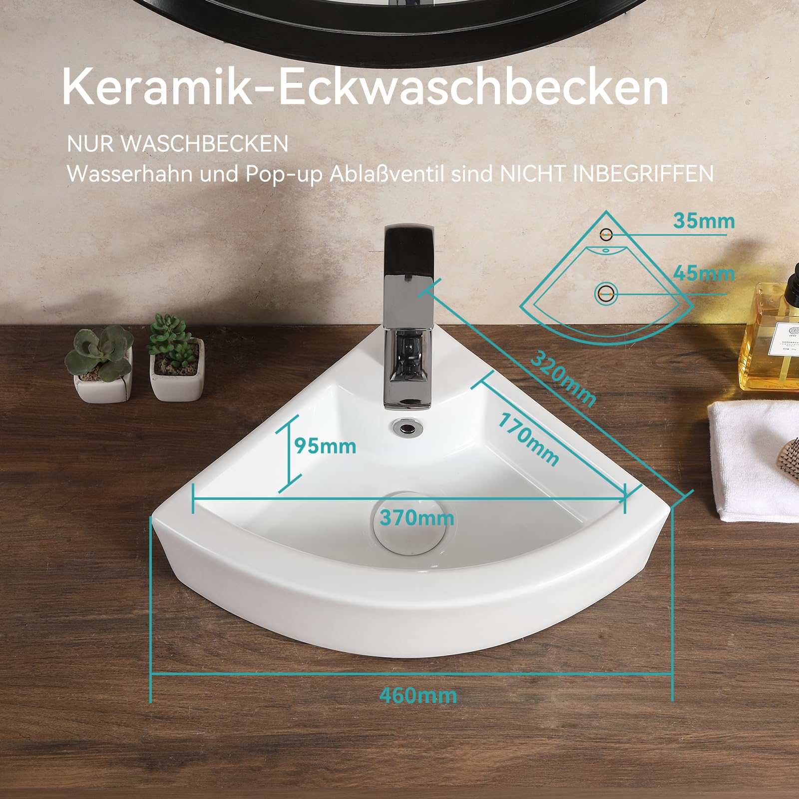 Teal Home Lavabo Esquinero de Cerámica para Baño - Mini Lavabo de Pared para Invitados, 46 x 32 x 12,5 cm, Con Rebosadero
