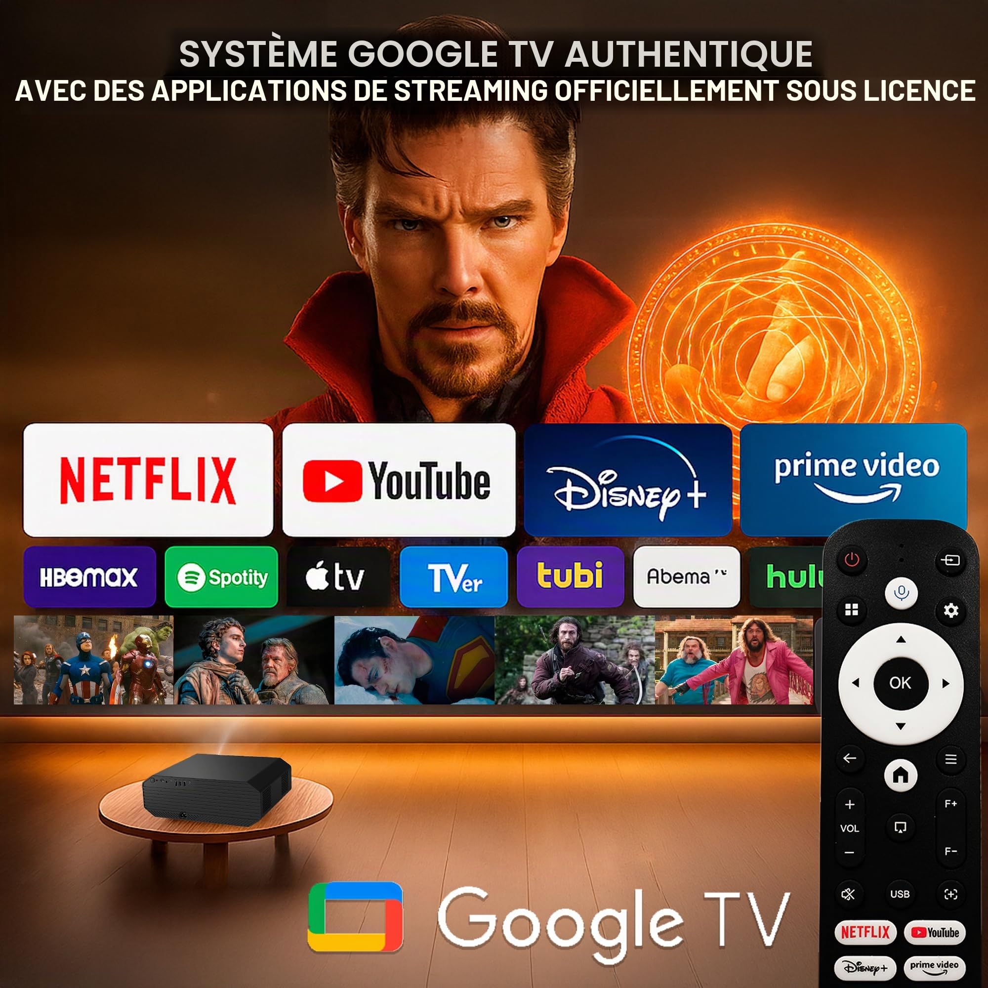 Vidéoprojecteur 1800 ANSI lumens, home cinéma et présentations, mise au point motorisée, Keystone 4D, zoom numérique, HDMI, USB-C, jack 3.5, haut-parleur 10W (GoogleTV licencié)
