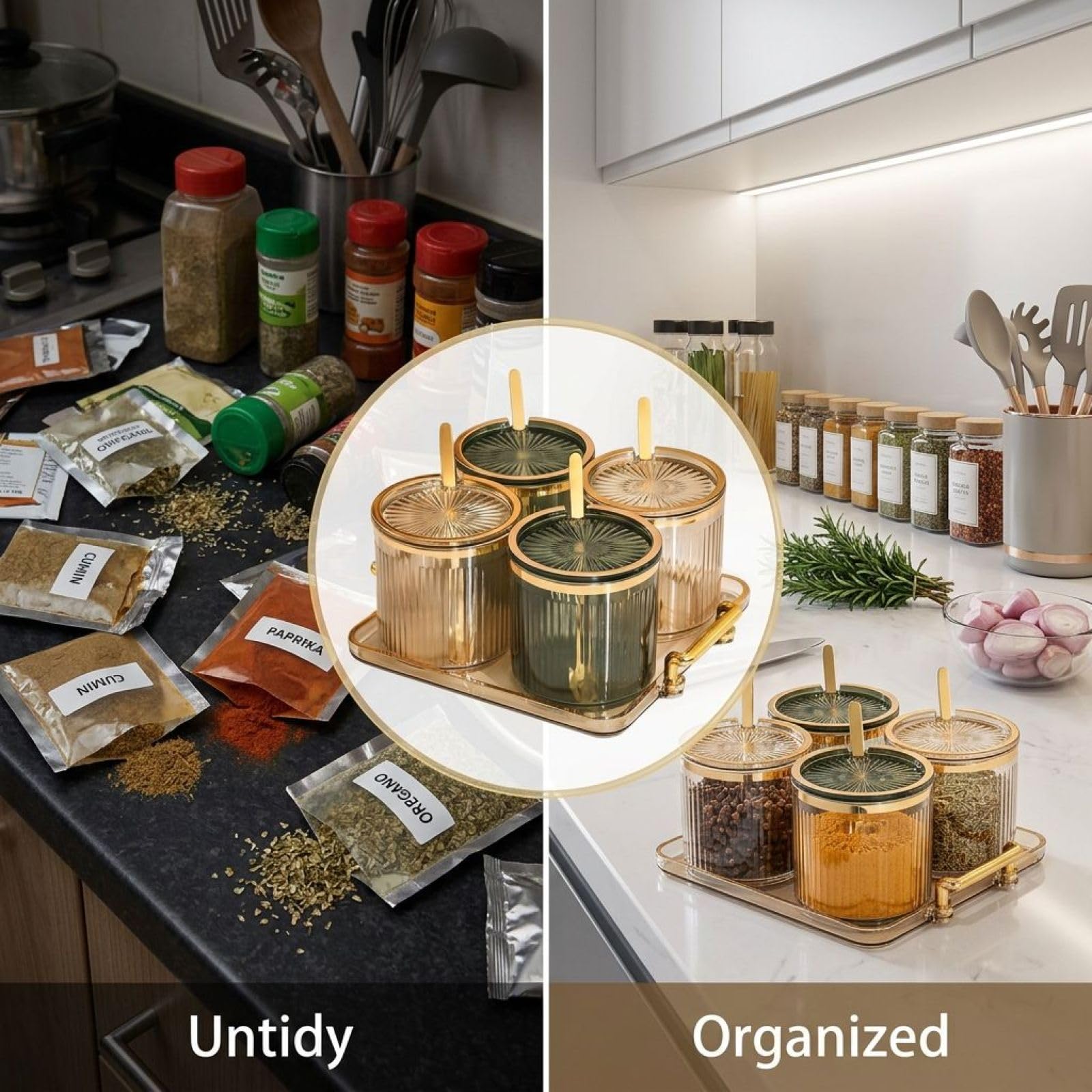 Acryl Gewürzbehälter Set, transparente Kunststoff-Gewürzdosen mit 4 Fächern, Deckeln und Löffeln, Gewürzbox für die Küchenarbeitsplatte, für Salz, Zucker und Würzmittel, mehrfarbig