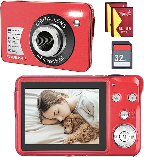 Cámara digital para niños cámara digital de 27 K para adolescentes niños y niñas cámara de zoom digital 16X con tarjeta SD de 32 GB y 2 baterías rojo