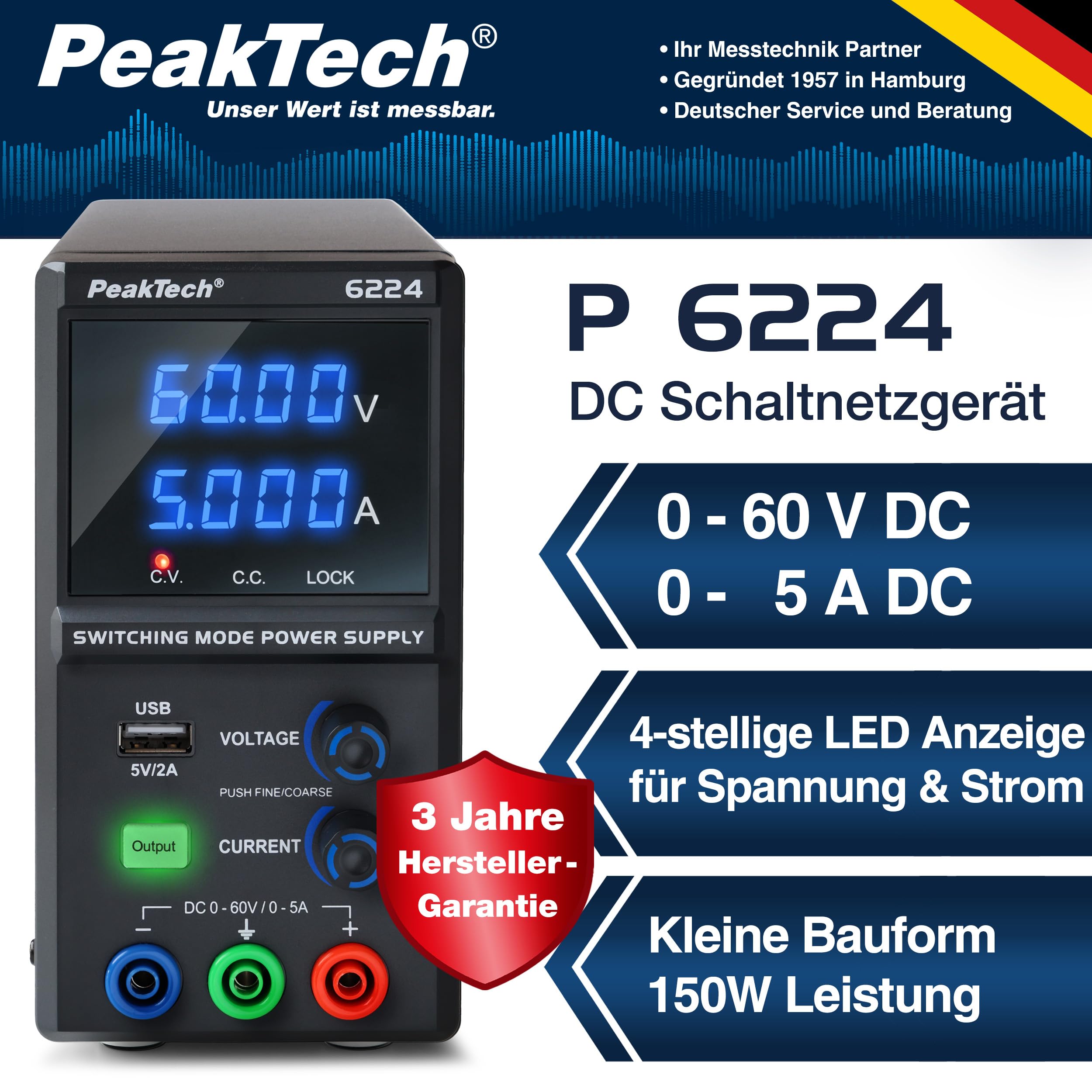 PeakTech 6224 - Labornetzteil DC 0-60V 0-5A 300W Labornetzgerät USB