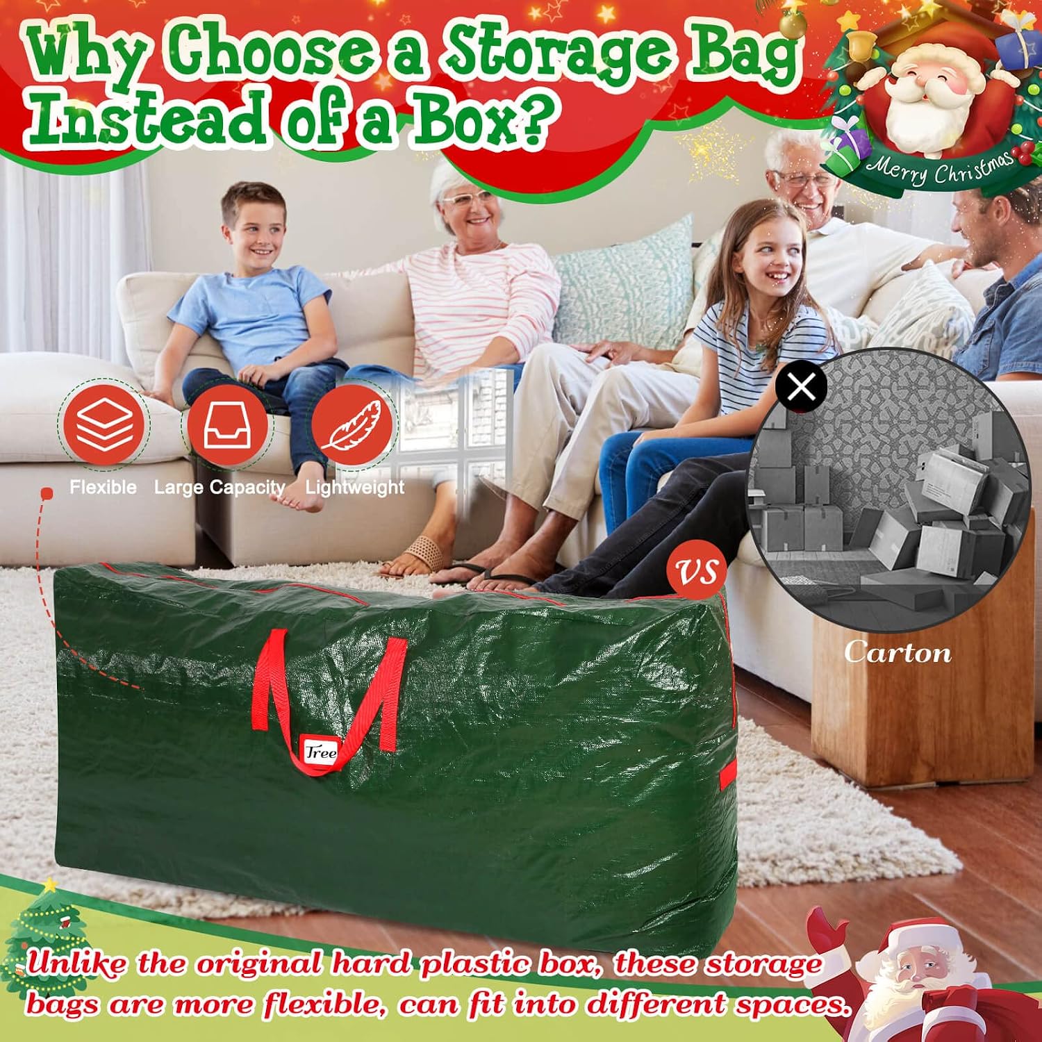 Plumrelos Large Christmas Tree Storage Bag Fit Up to 9 Ft Tall Artificial Tree, Durable Xmas Holiday Tree Storage Container with Metal Dual Zipper | Waterproof | Against Dust | Against Moisture(65" x 15" x 30") (Green)