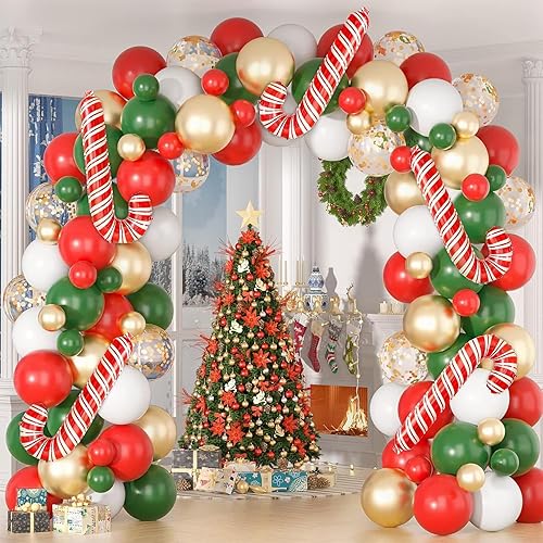 Juego de arco de guirnalda de globos de Navidad, 123 piezas de globos de látex de confeti rojo, verde, blanco y dorado con bastones de caramelo para