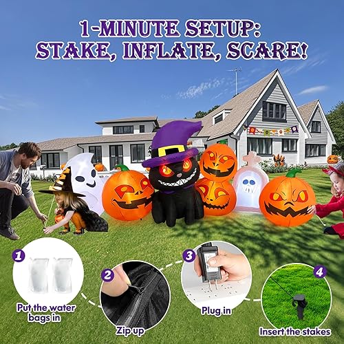 Miniatura 5 de MICOCAH Inflables de Halloween para decoración al aire libre de 8 pies de largo, divertidos faroles inflables de calabaza con gato negro, luces LED