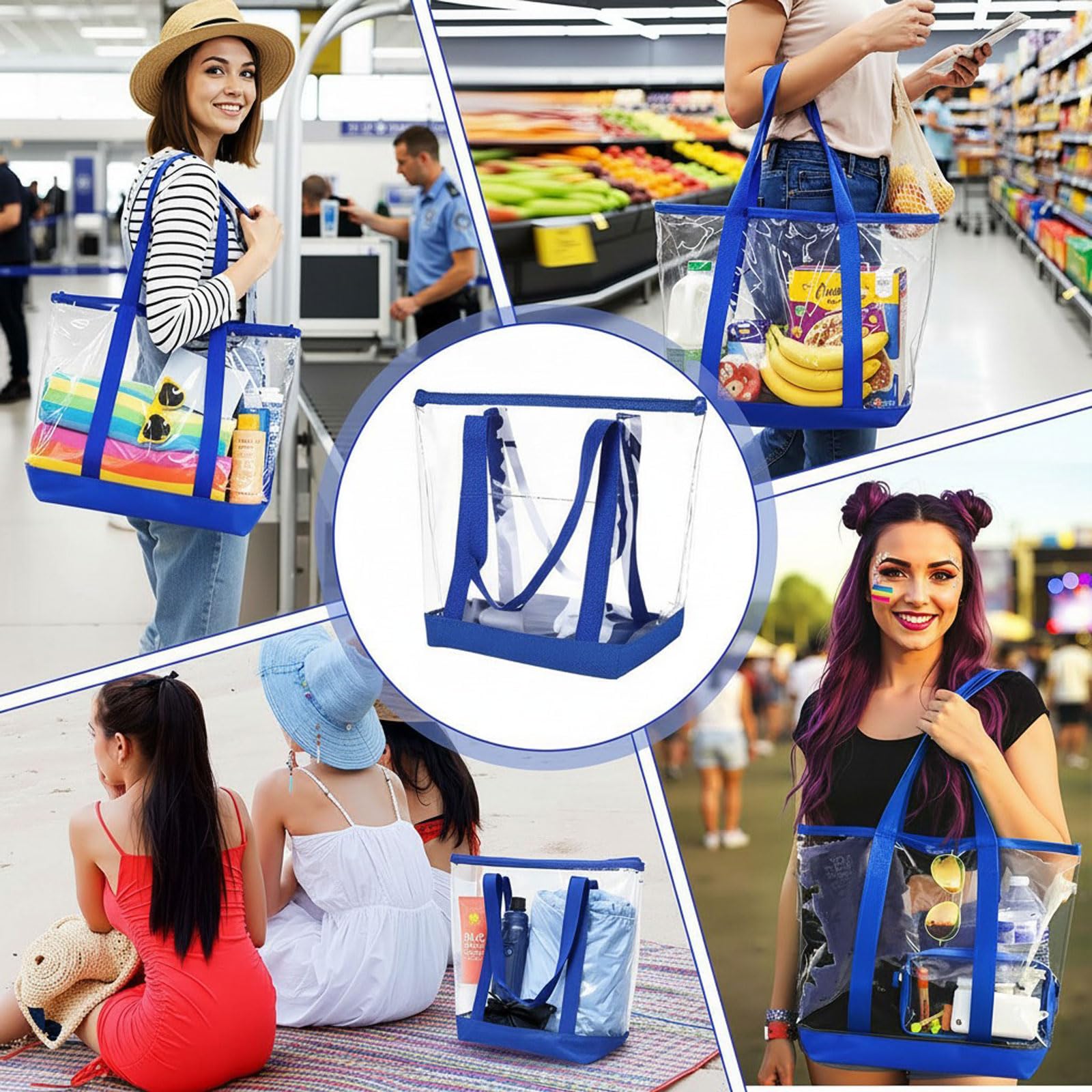 Reginary Transparente Tragetaschen, Schultertasche, Handtasche, Sicherheitsgeprüft, durchsichtig, mit Reißverschluss, für Sportveranstaltungen, Reisen, 8 Stück, Blau, Large, Transparent