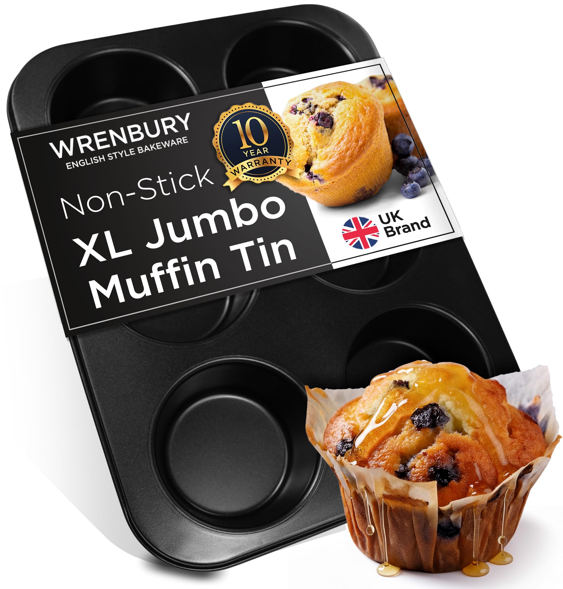 Wrenbury Jumbo Muffin Tin - Deep Yorkshire Pudding Mould 6 Cup - Non Stick Muffin Baking Tray Large - Giant Cupcake Pan - PTFE Free
