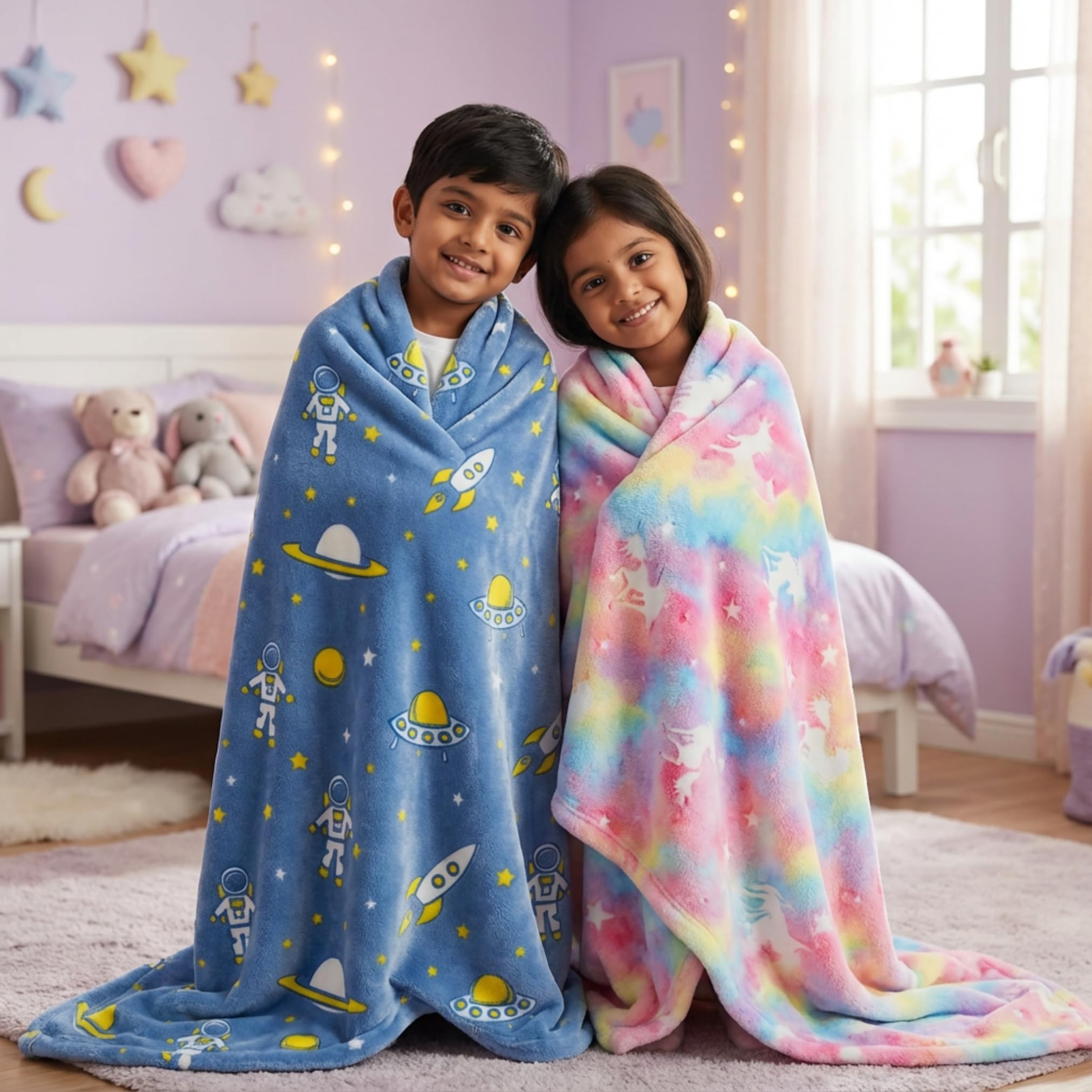 Famyo Glow in The Dark Flannel Fleece Blanket Combo 200x152 cm | Astro & Unicorn Pink, soft all-season double/queen bed blanket, warm cozy throw for kids & home discount deal